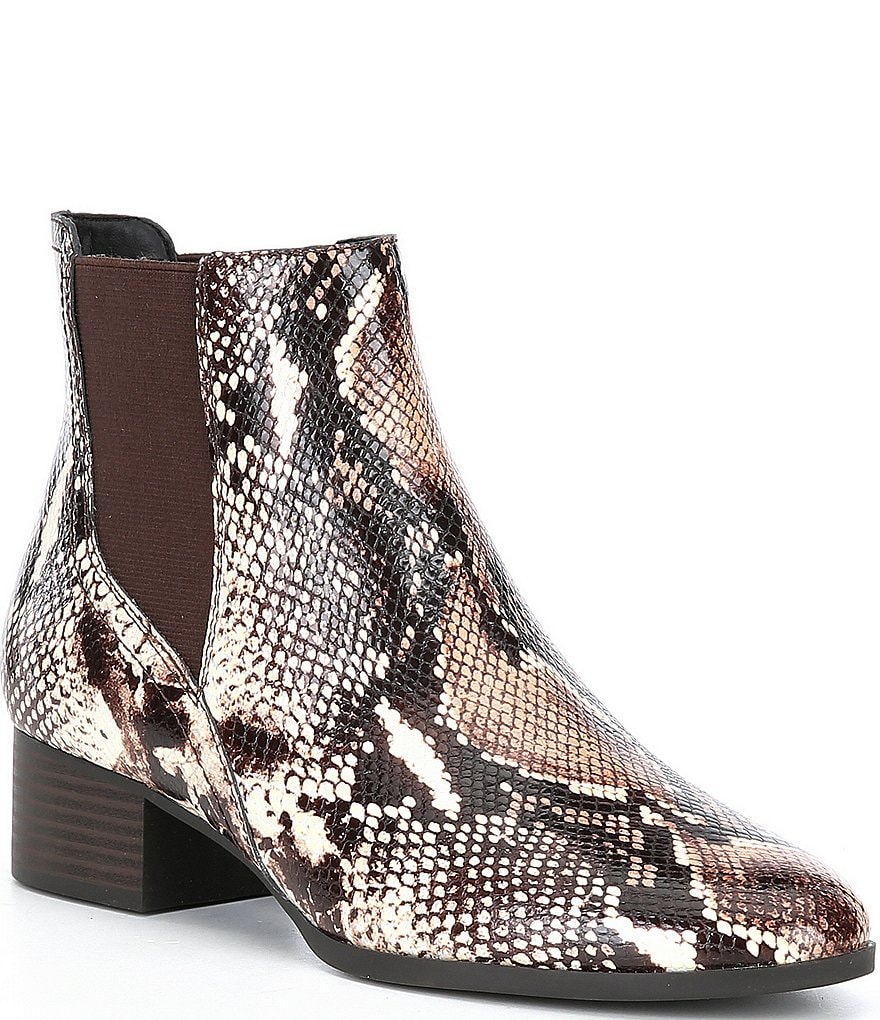 Alex Marie Gloriane Snake Print Chelsea Gore Block Heel Booties