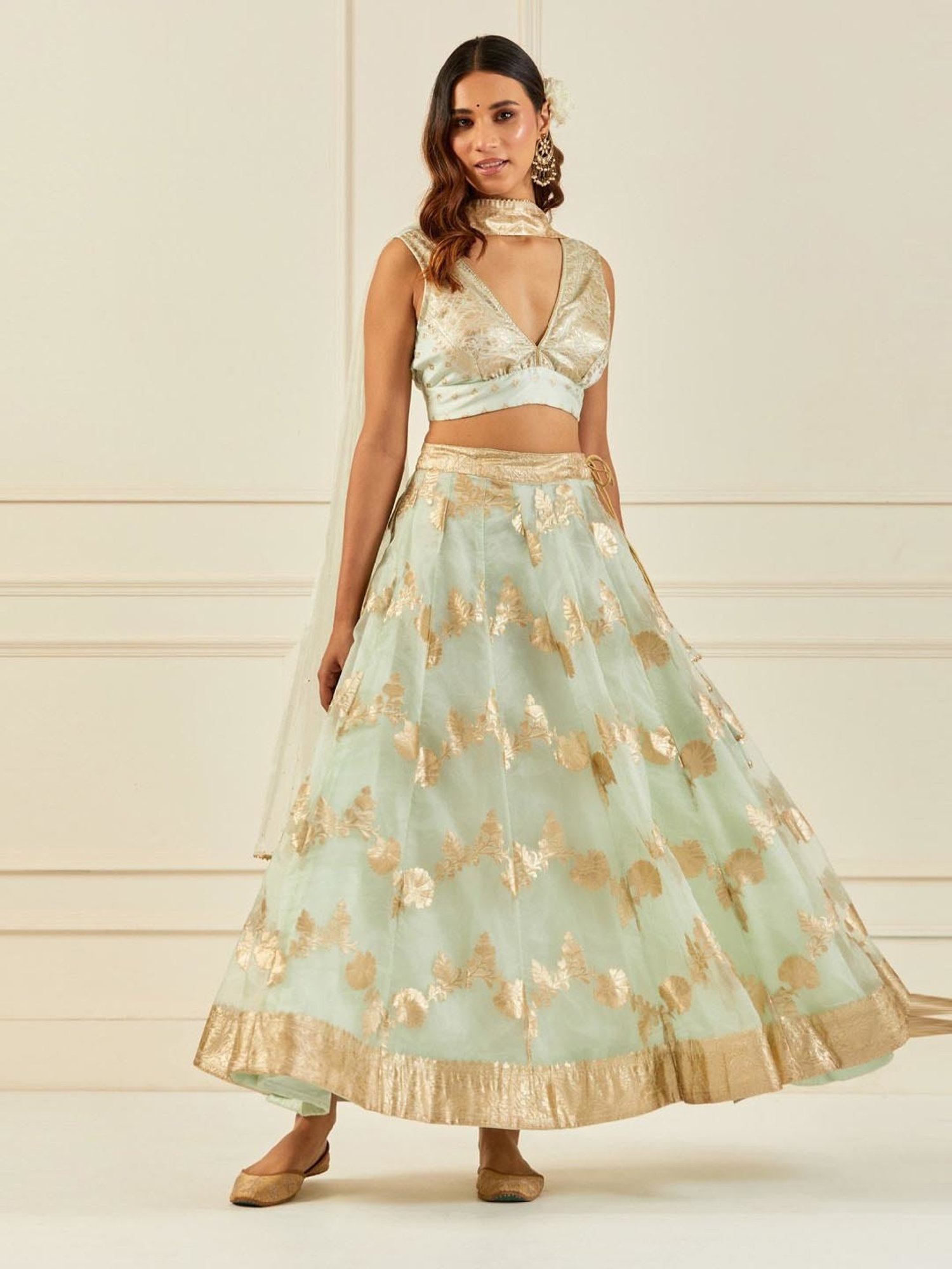 Geroo Jaipur Light Green Organza Banarasi Lehenga Set with Mukaish Dupatta