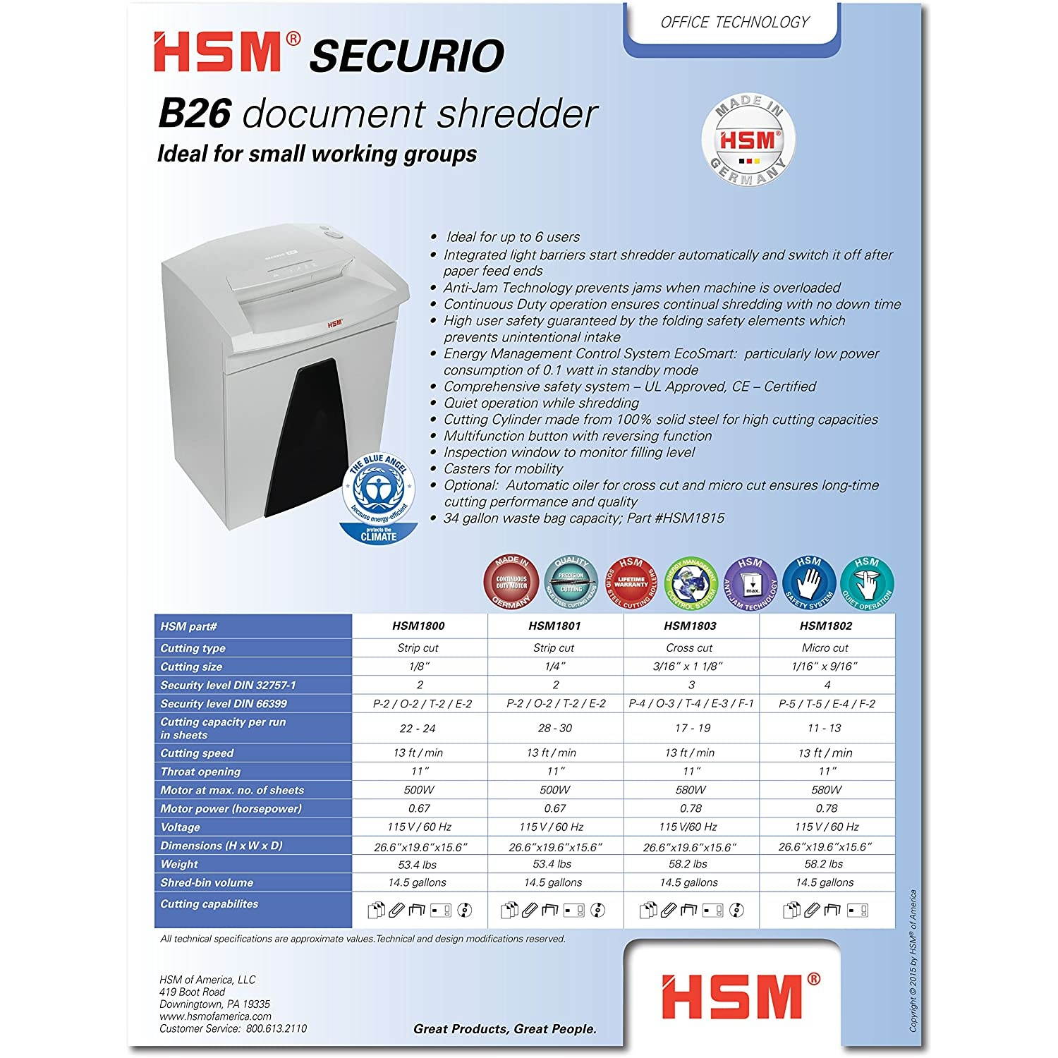 HSM SECURIO B26 1/4&rdquo; Strip-Cut paper shredder; shreds up to 30 sheets; 14.5-gallon capacity