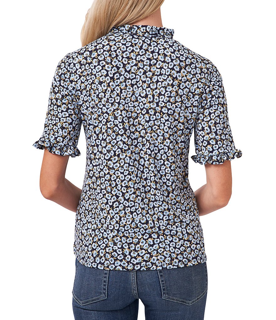 CeCe Short Sleeve Ditsy Floral Ruffle Tie Neck Knit Top