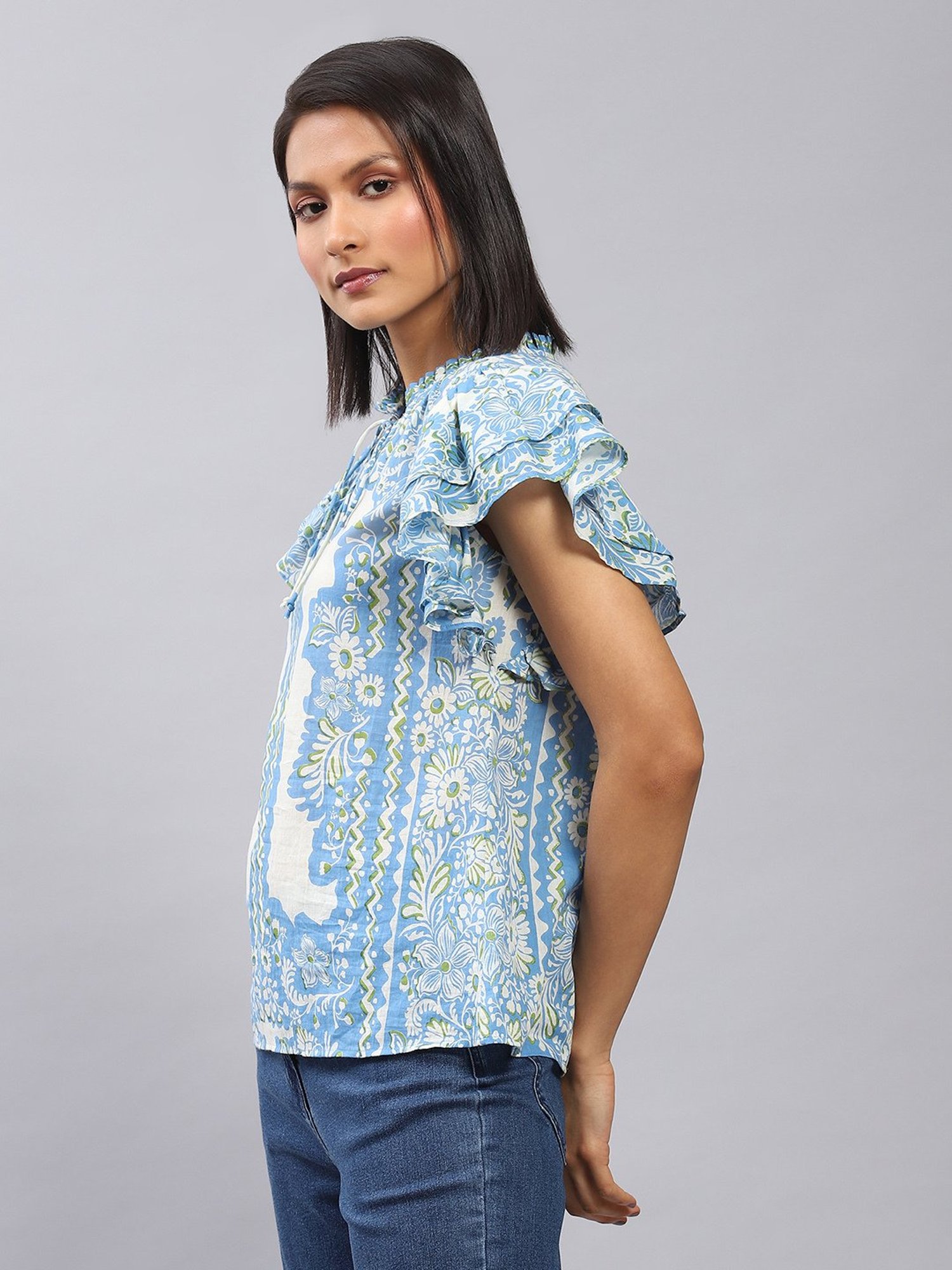 Label Ritu Kumar Blue Floral Print Top