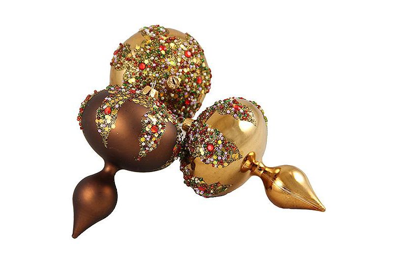 Barcana 3ct Glitter Sequin Beaded Shatterproof Christmas Finial Ornament Set 5" - Brown