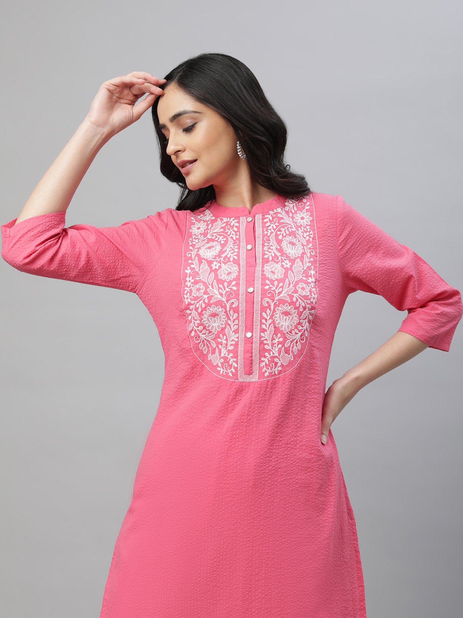 Aurelia Pink Cotton Embroidered Kurta Pant Set
