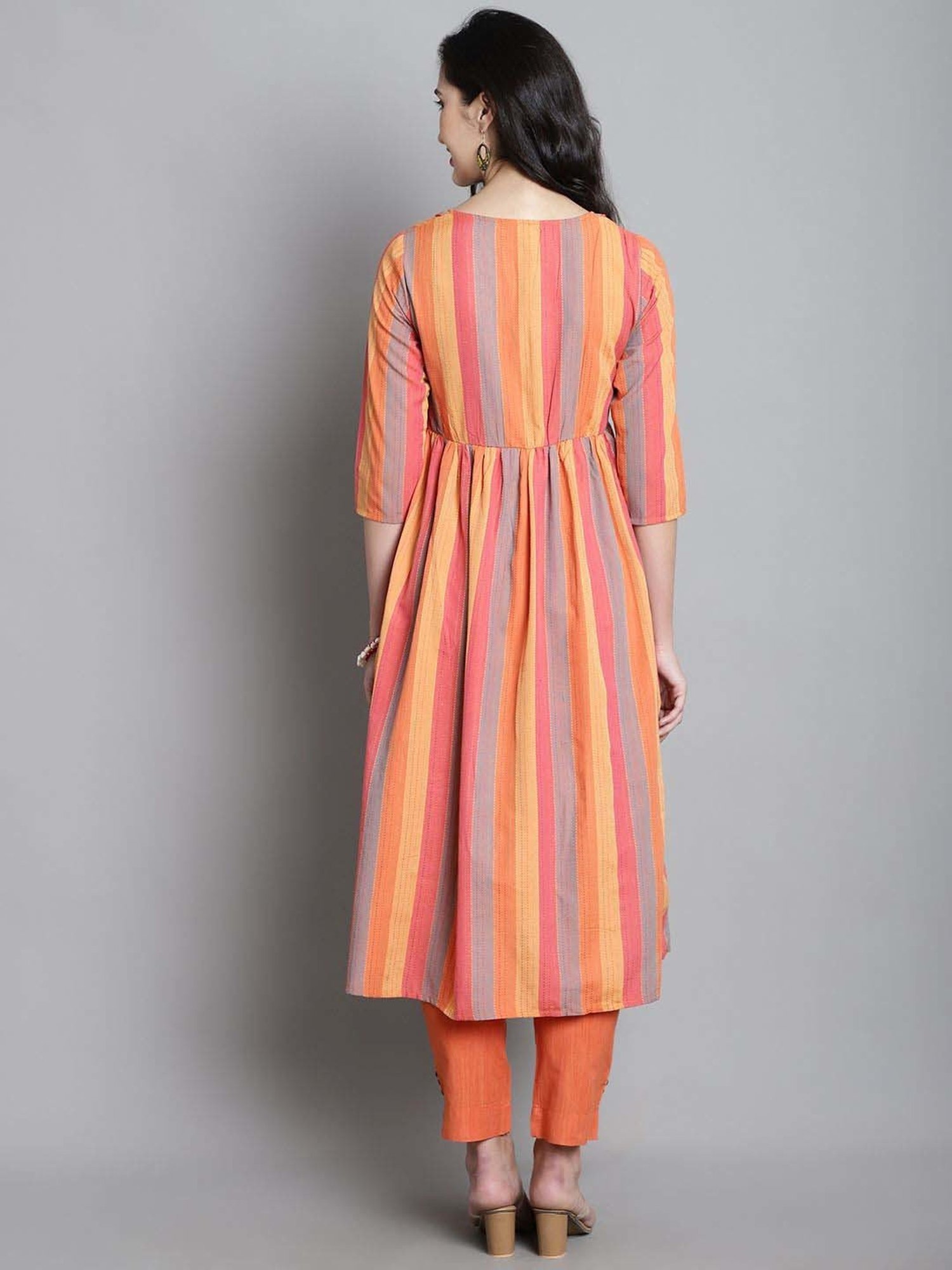 Moms Maternity Orange Cotton Striped Maternity Kurta Pants Set