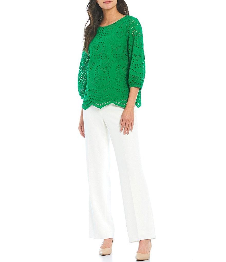 Preston & York Alexia Eyelet Boat Neck 3/4 Sleeve Woven Blouse