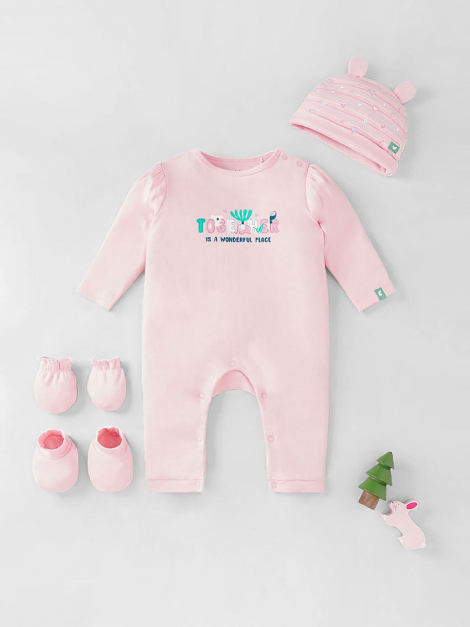 Ed-a-Mamma Baby Pink Solid Full Sleeves Romper, Mittens with Cap