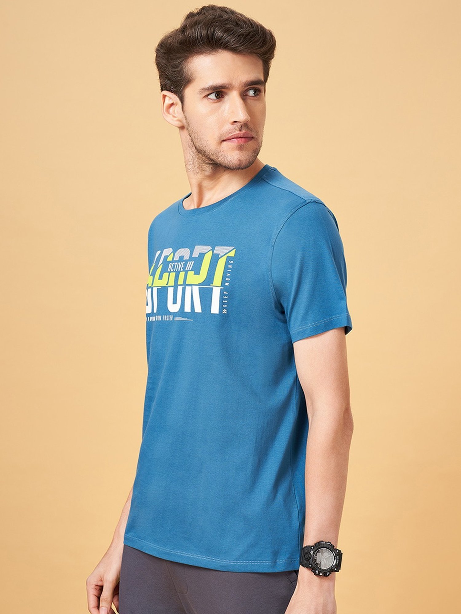 Ajile by Pantaloons Coronet Blue Cotton Slim Fit Printed T-Shirt