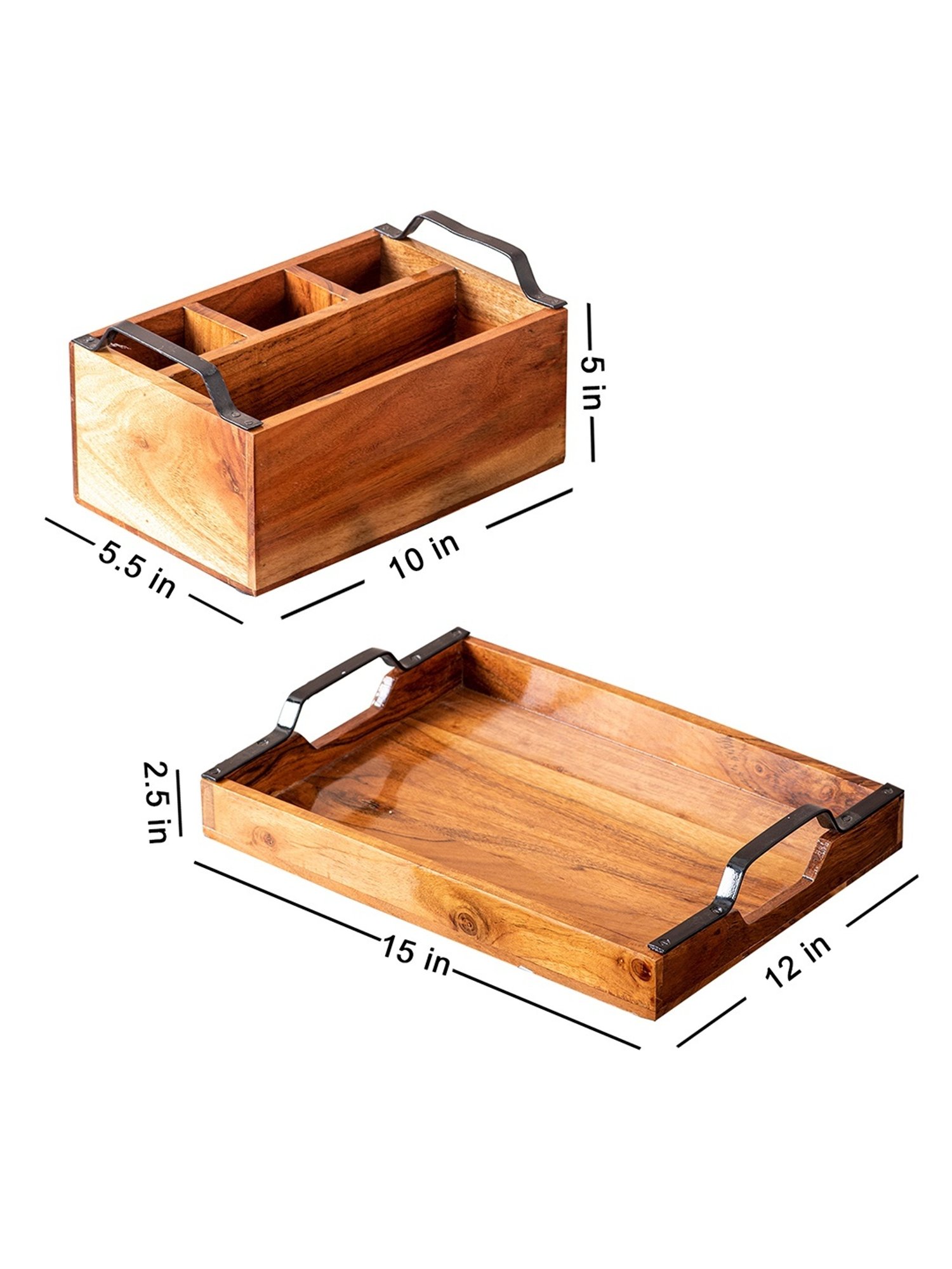 Nestroots Brown Wood Serving Tray & Cutlery Holder Combo
