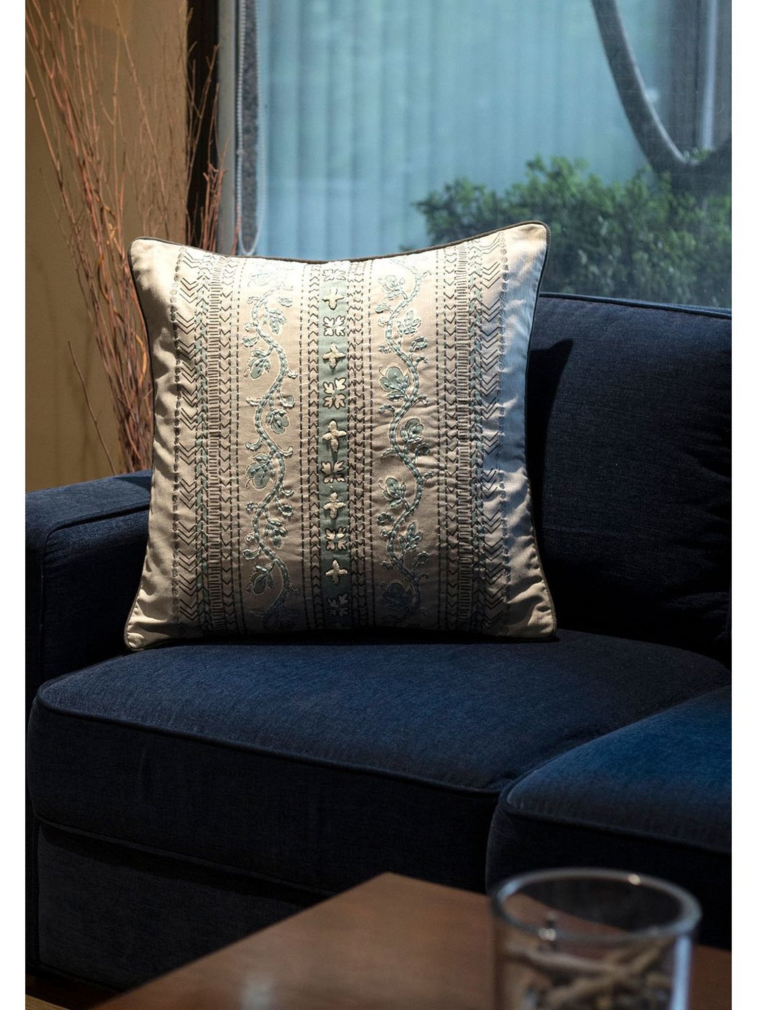 Maspar Printed Blue Cotton Vintage Cushion Cover