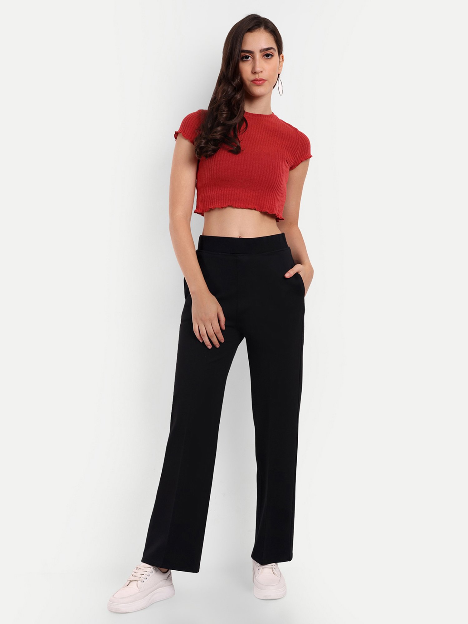 Broadstar Black Straight Fit High Rise Trousers