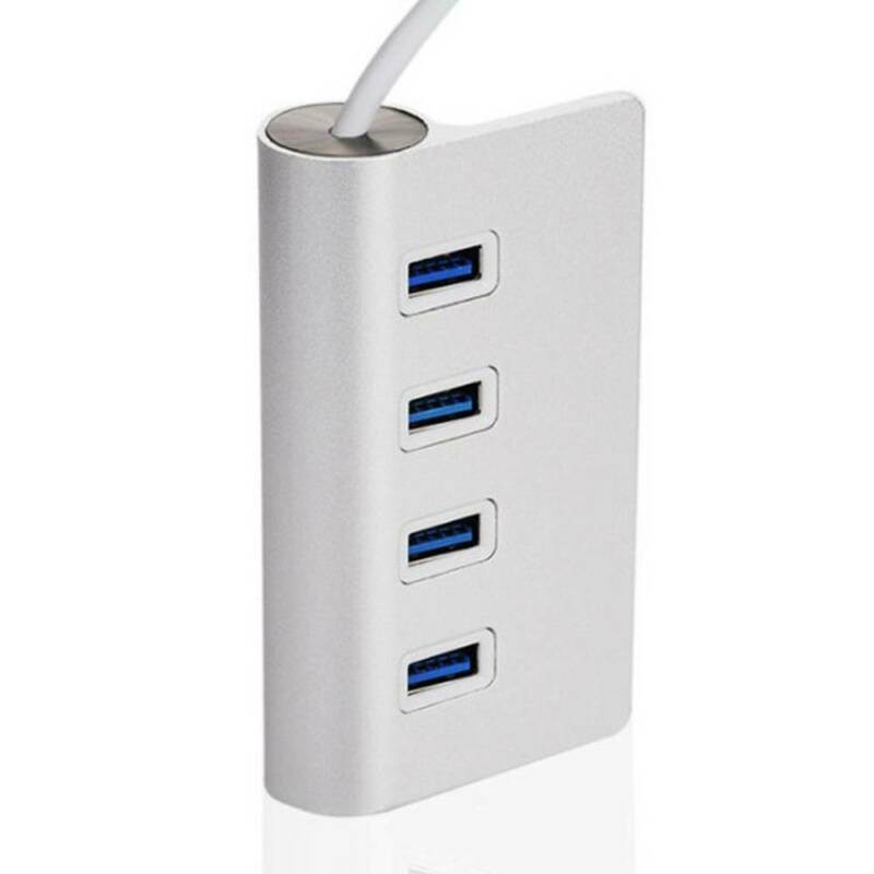 Silver Aluminum 4 Port USB 3.0 Hub up to 5Gbps Super High Speed Data Transfer for MacBook Air, Mac Mini, iMac, Laptop, PC, USB Flash Drives and More