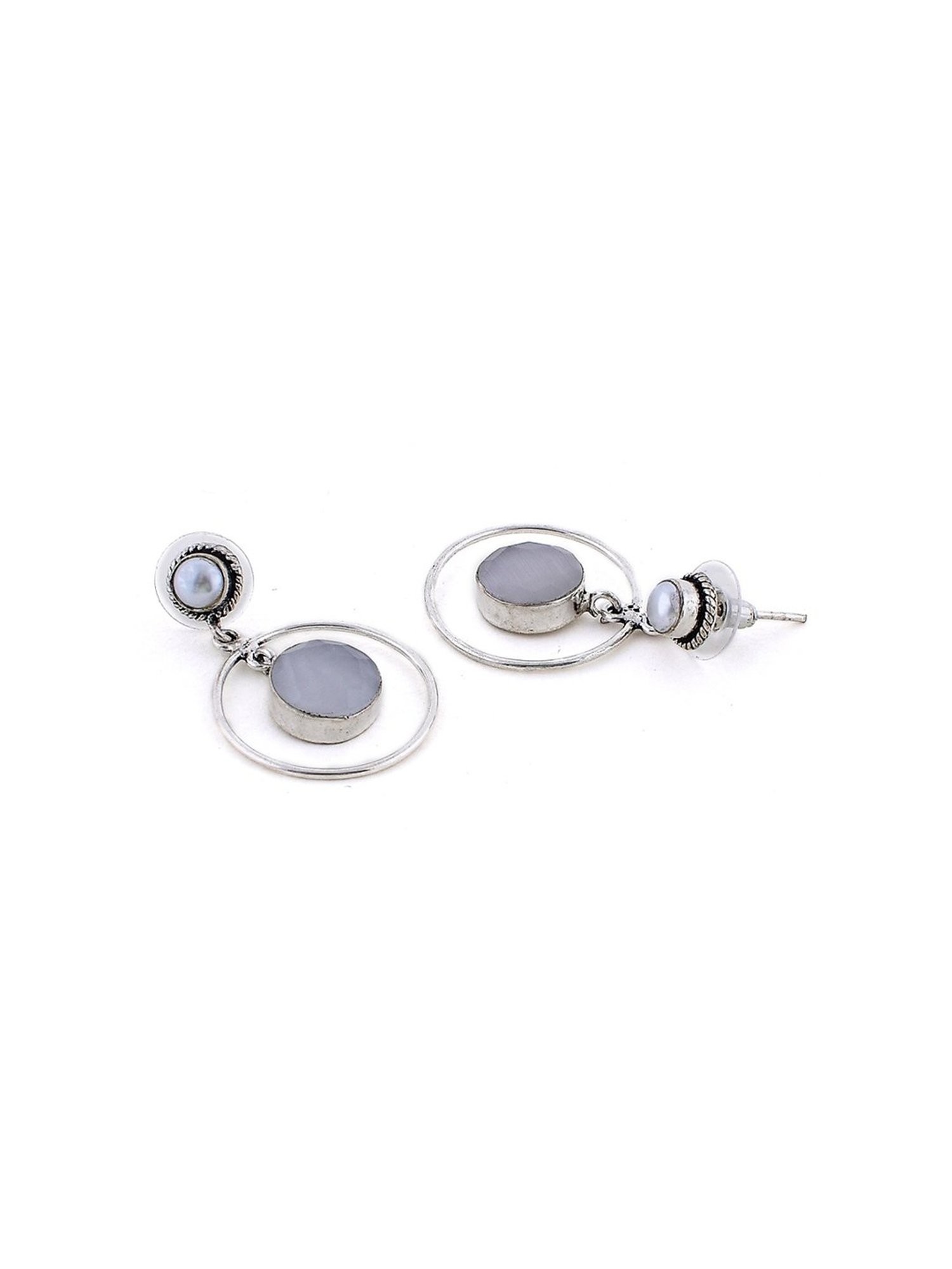 Imli Street White Silver Tone Stone-Studded Handcrafted Drop Earrings