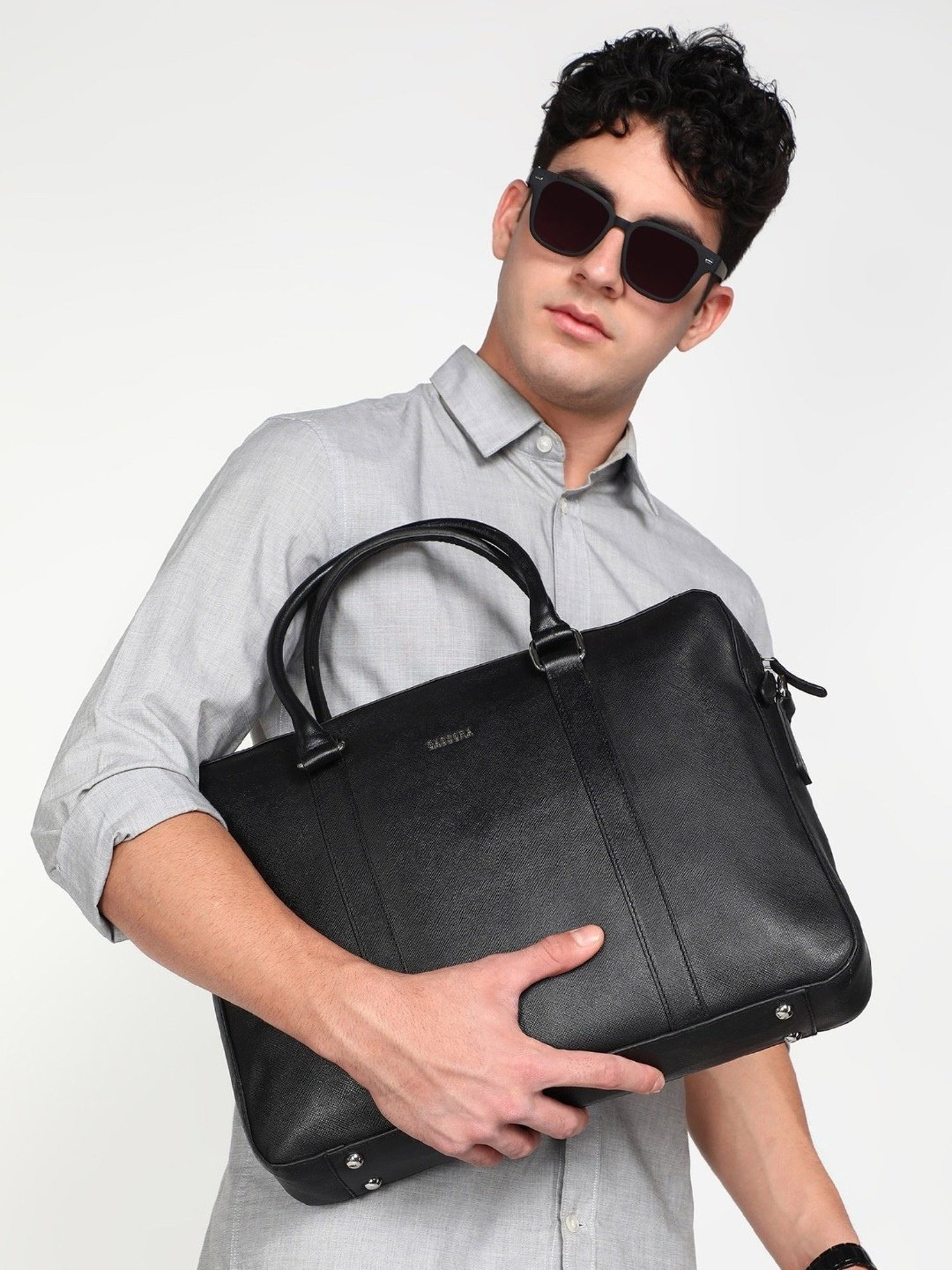 SASSORA JUNI Black Leather Large Messenger Bag