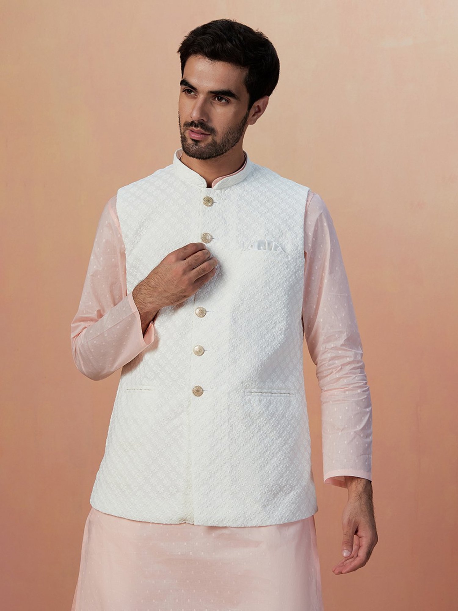 Manyavar Light Beige Regular Fit Embroidered Nehru Jacket