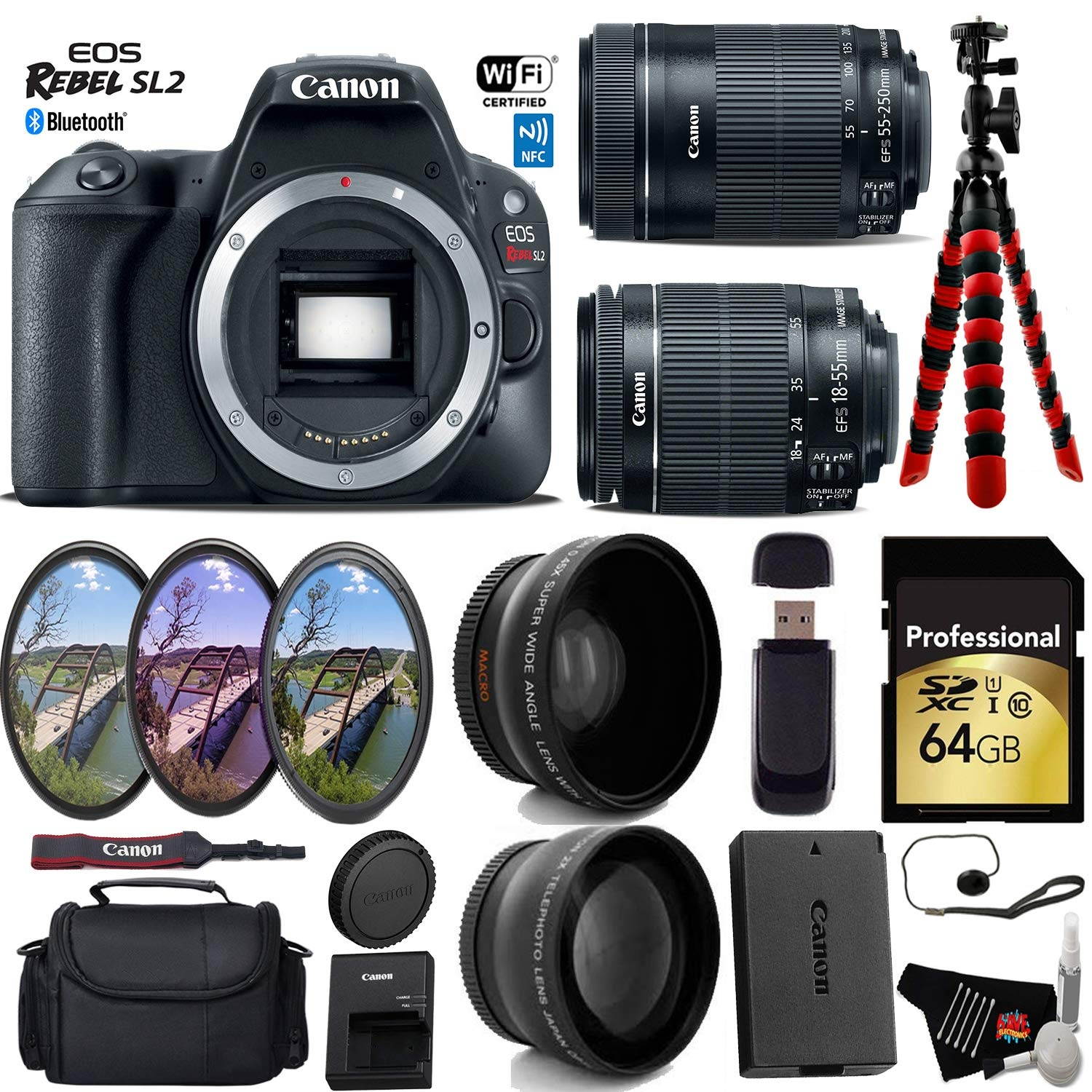 Canon EOS Rebel SL2 DSLR Camera with 18-55mm is STM Lens & 55-250mm is STM Lens + UV FLD CPL Filter Kit + Wide Angle & Telephoto Lens + Camera Case + Tripod + Card Reader - Intl Model