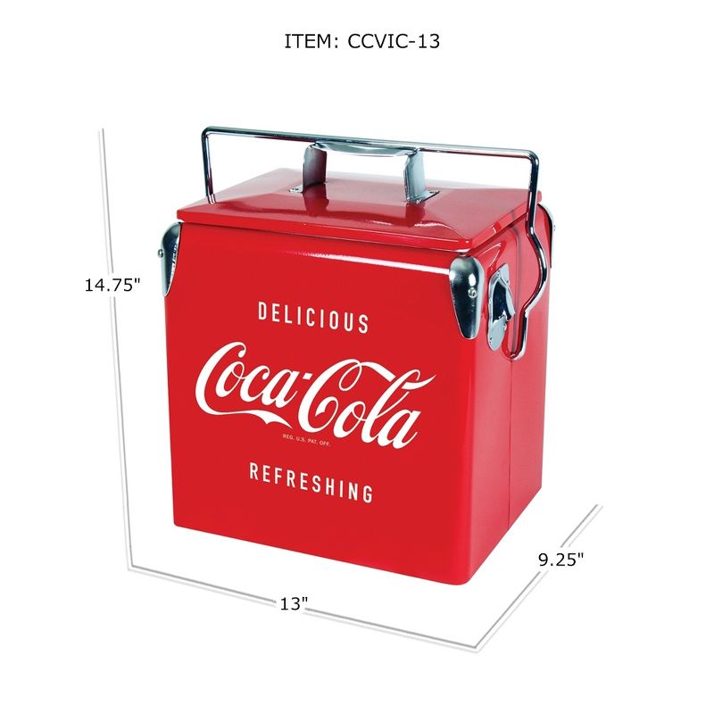 Koolatron CBVIC-13 Official Coca Cola Design 14 Quart 13 Liter Drink Cooler Metal Exterior with Built-In Bottle Opener