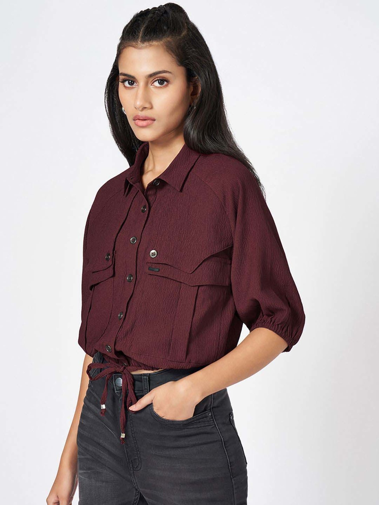 SF Jeans by Pantaloons Red Plain Shirt