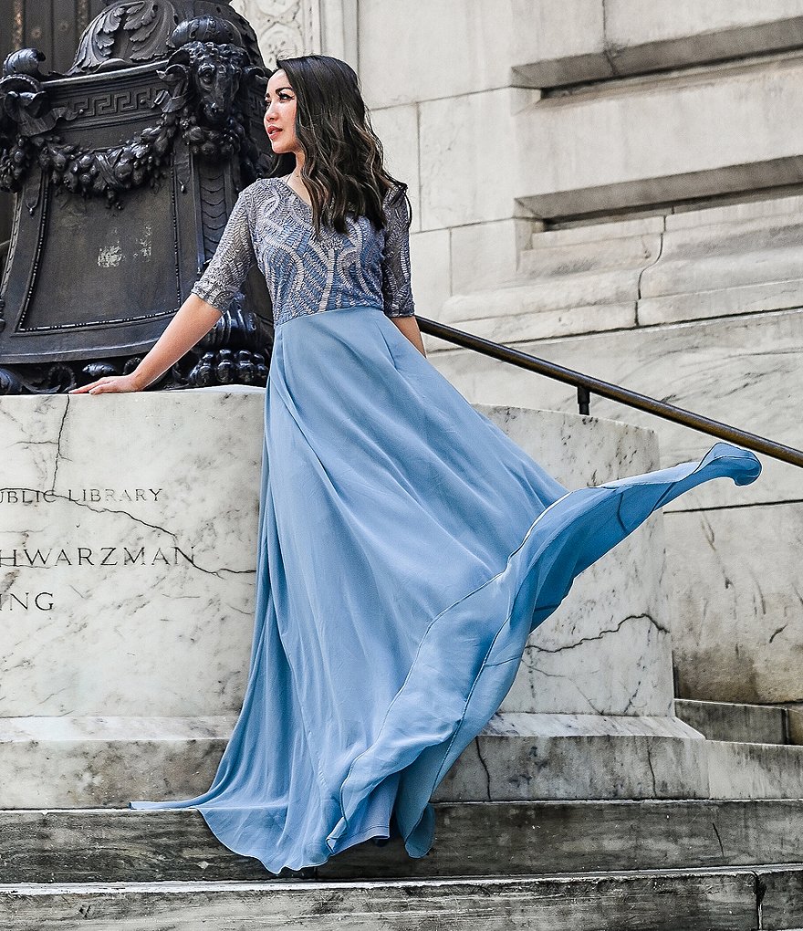 JS Collections Brigitte V-Neck Short Sleeve Sequin Bodice Chiffon Gown