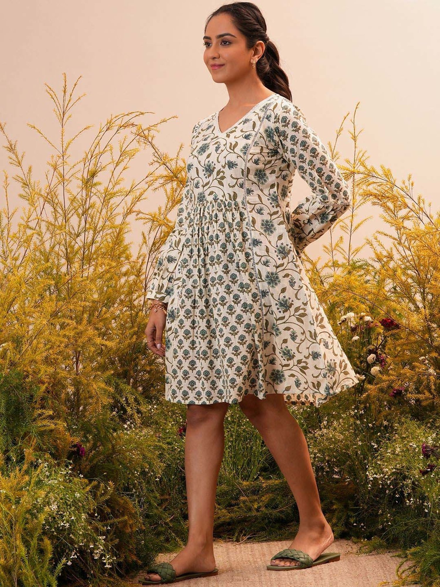 Libas Beige Cotton Printed A-Line Dress