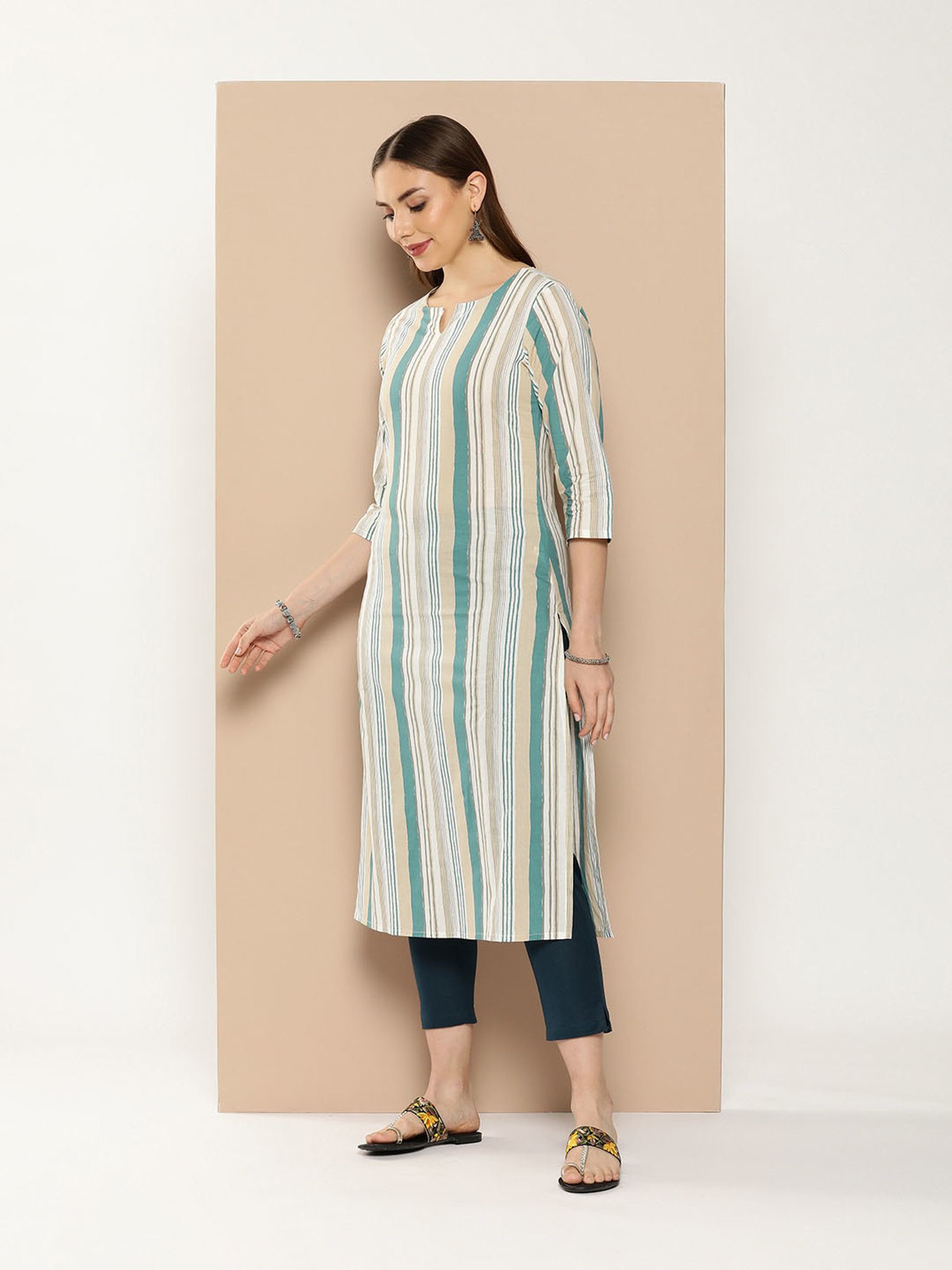 Amukti Beige Cotton Striped A Line kurta