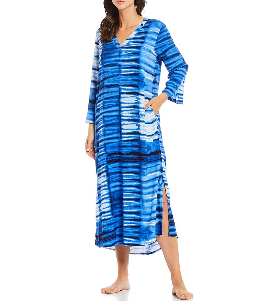 iRelax Printed Recycled-Knit Short Sleeve V-Neck Caftan