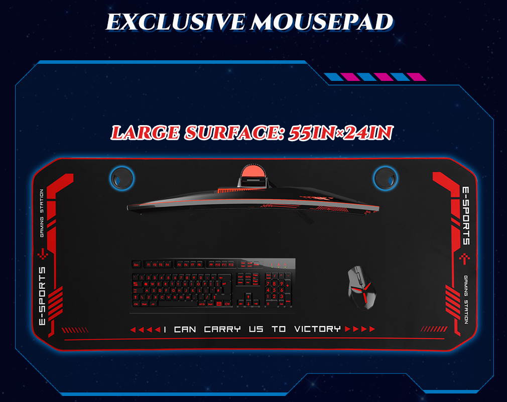 Computer Desk Gaming Desk 55 Inch Home Office Desk with Headphone Hook Cup Holder and Socket Rack Full-Surface Mouse pad Gamer Workstation for Adult Teens,Black