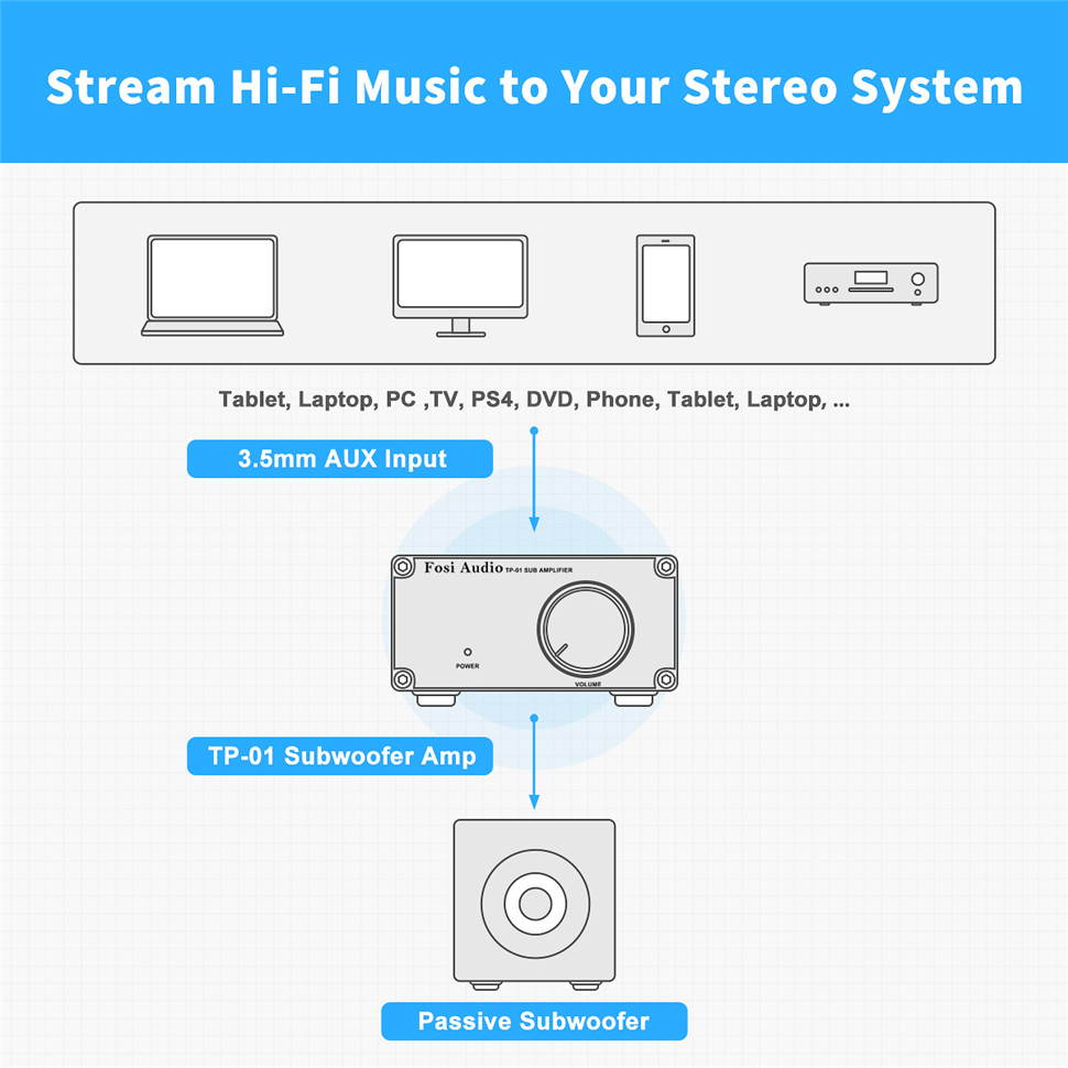 Subwoofer Amplifier Receiver 100Watt Mini Hi-Fi Digital Class D Integrated Stereo Audio Amp for Sub Bass + Power Supply TP-01