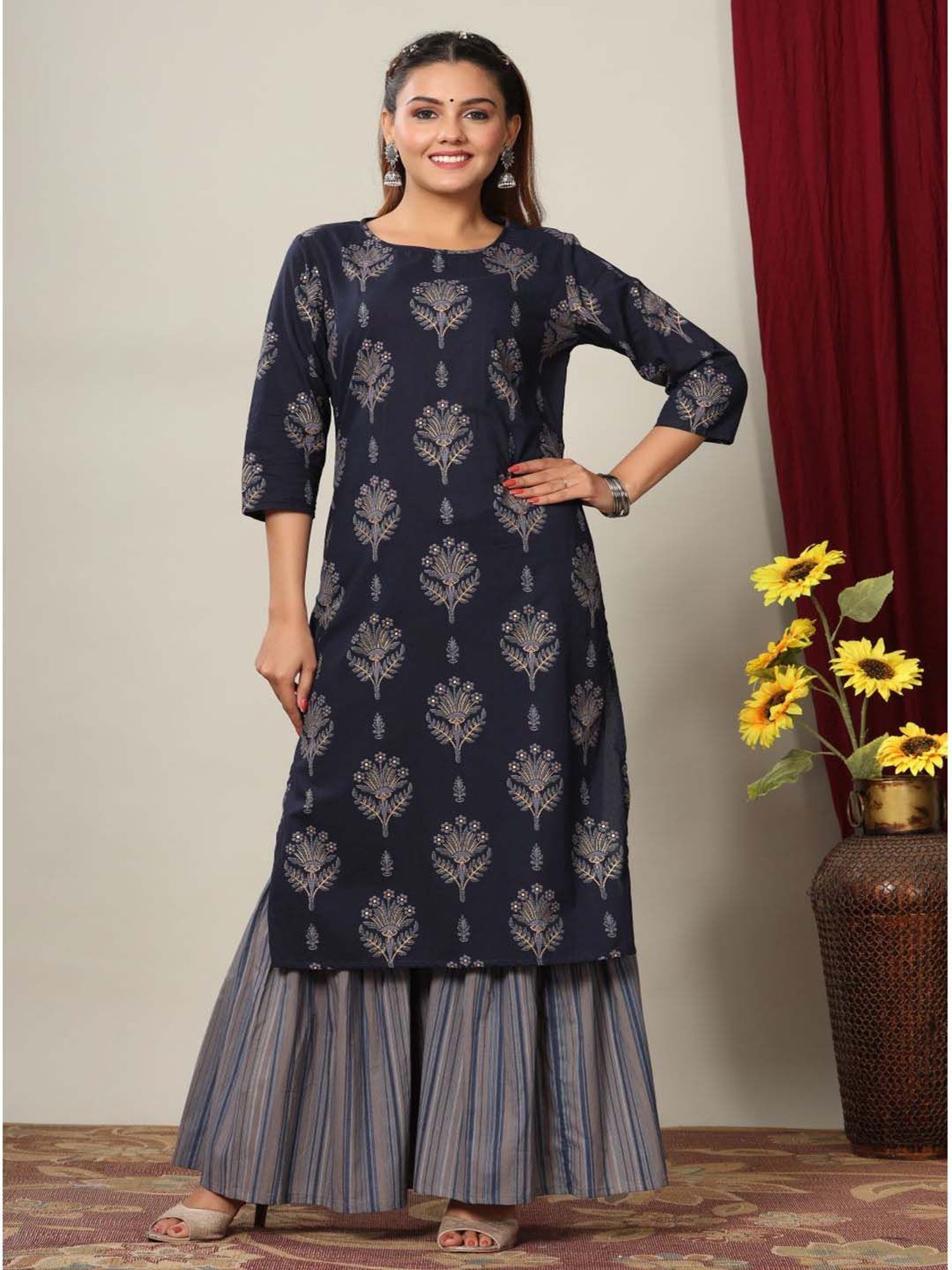 Miravan Blue Cotton Printed Kurta Palazzo Set