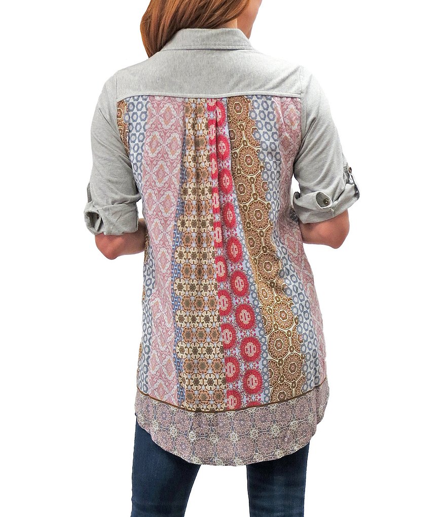 Karyn Seo Carla Embroidered Button Front Mixed Media Tunic