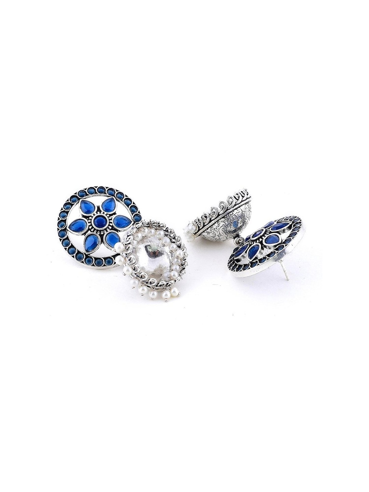 Imli Street Blue-White Silver Tone Stone-Studded Handcrafted Jhumki Earrings