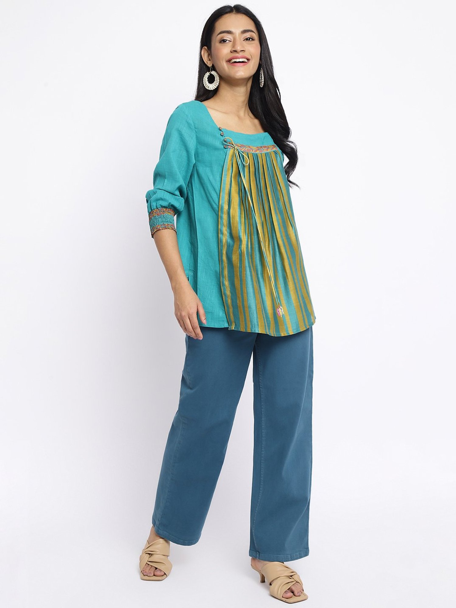 Fabindia Turquoise Cotton Printed Tunic