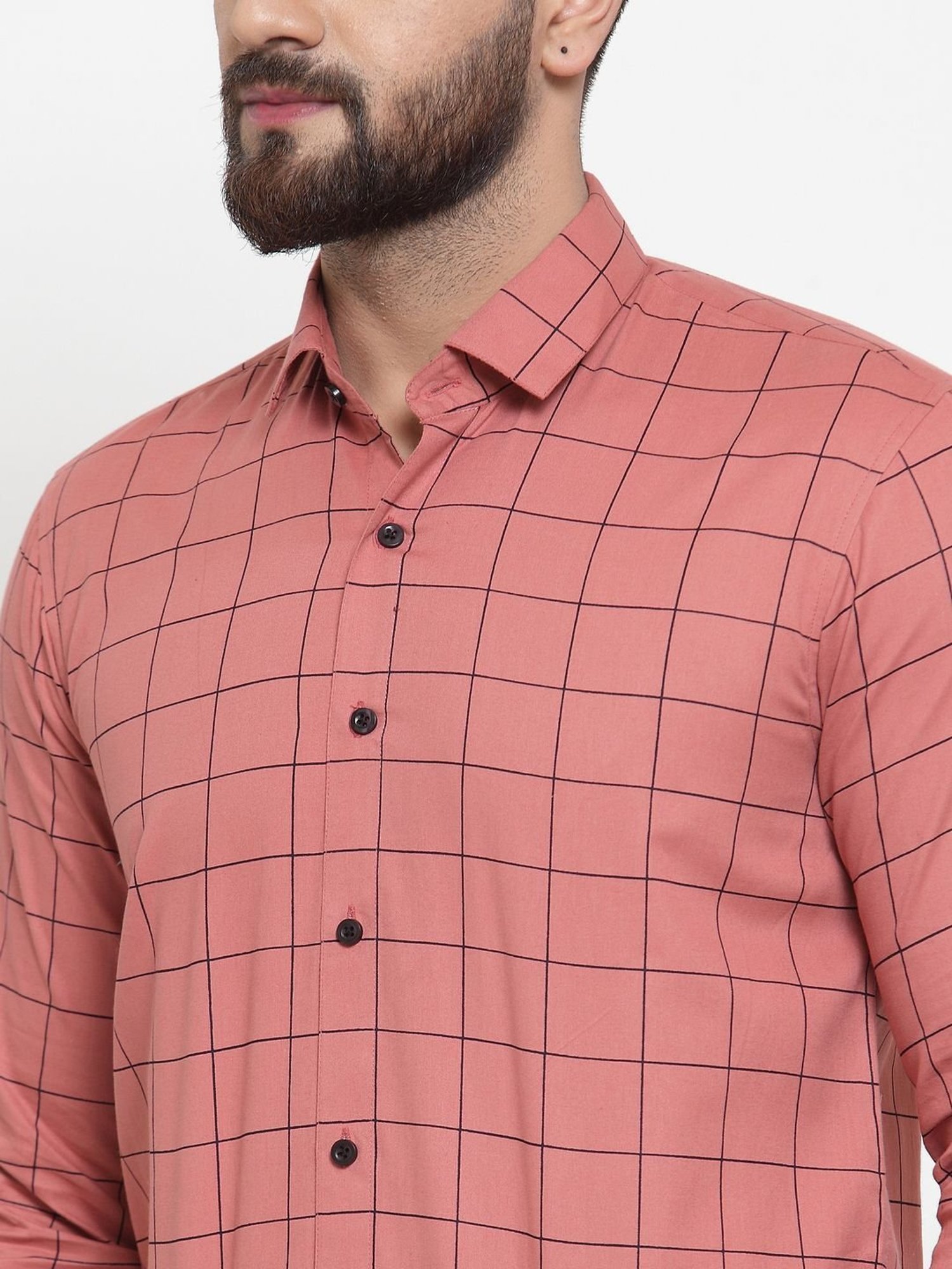 Jainish Peach Cotton Regular Fit Checks Shirt