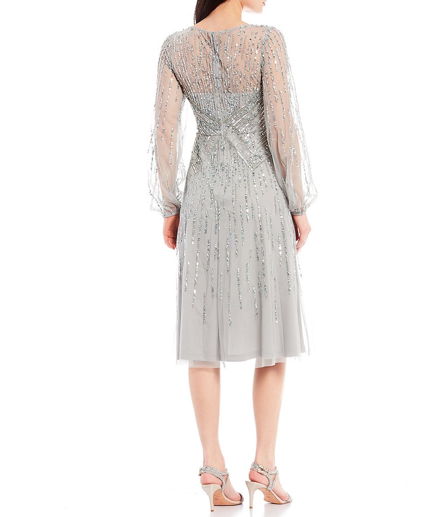 Adrianna Papell Beaded Balloon Long Sleeve Boat Neck A-Line Dress