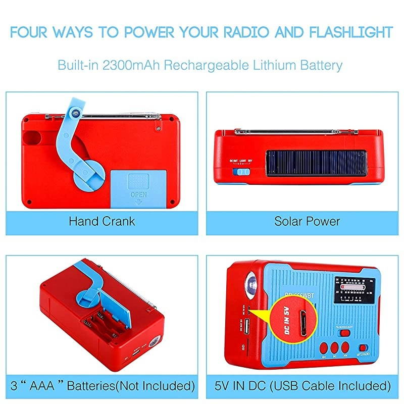 Radios Hand Crank Self Powered Solar AMFM NOAA Weather Alert Radio with LED Flashlight MP3 Player and Large Power Bank 2300mAh for iPhoneSmart Phone ChargerBlue