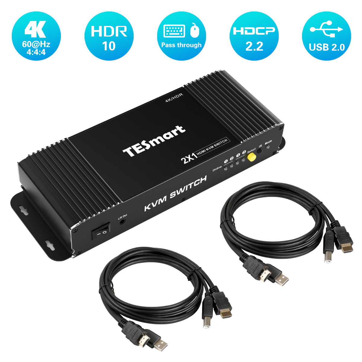 TESmart HDMI KVM Switch 2 Port 4K@60Hz Ultra HD 2x1 HDMI KVM Switcher with 2 Pcs 5ft KVM Cables Supports USB 2.0 Devices, Mechanical and Multimedia Keyboard and Mouse Pass Through Control up to 2 PCs