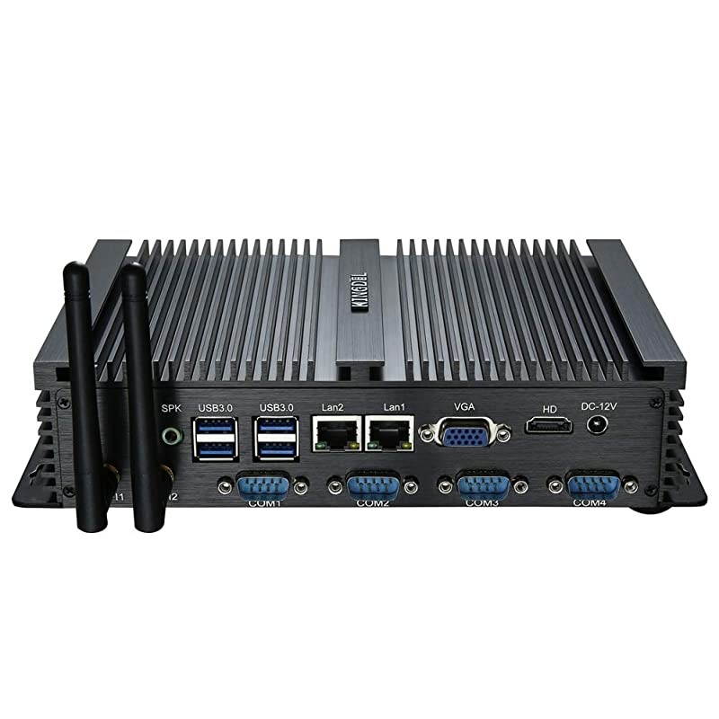 Fanless Industrial Computer, Mini Desktop PC with Intel Celeron Dual Core CPU, 4GB RAM, 128GB SSD, 2xLAN, 4xUSB 3.0, 4xCOM RS232, HD Port, WiFi, Full Metal Body, Windows 10 Pro