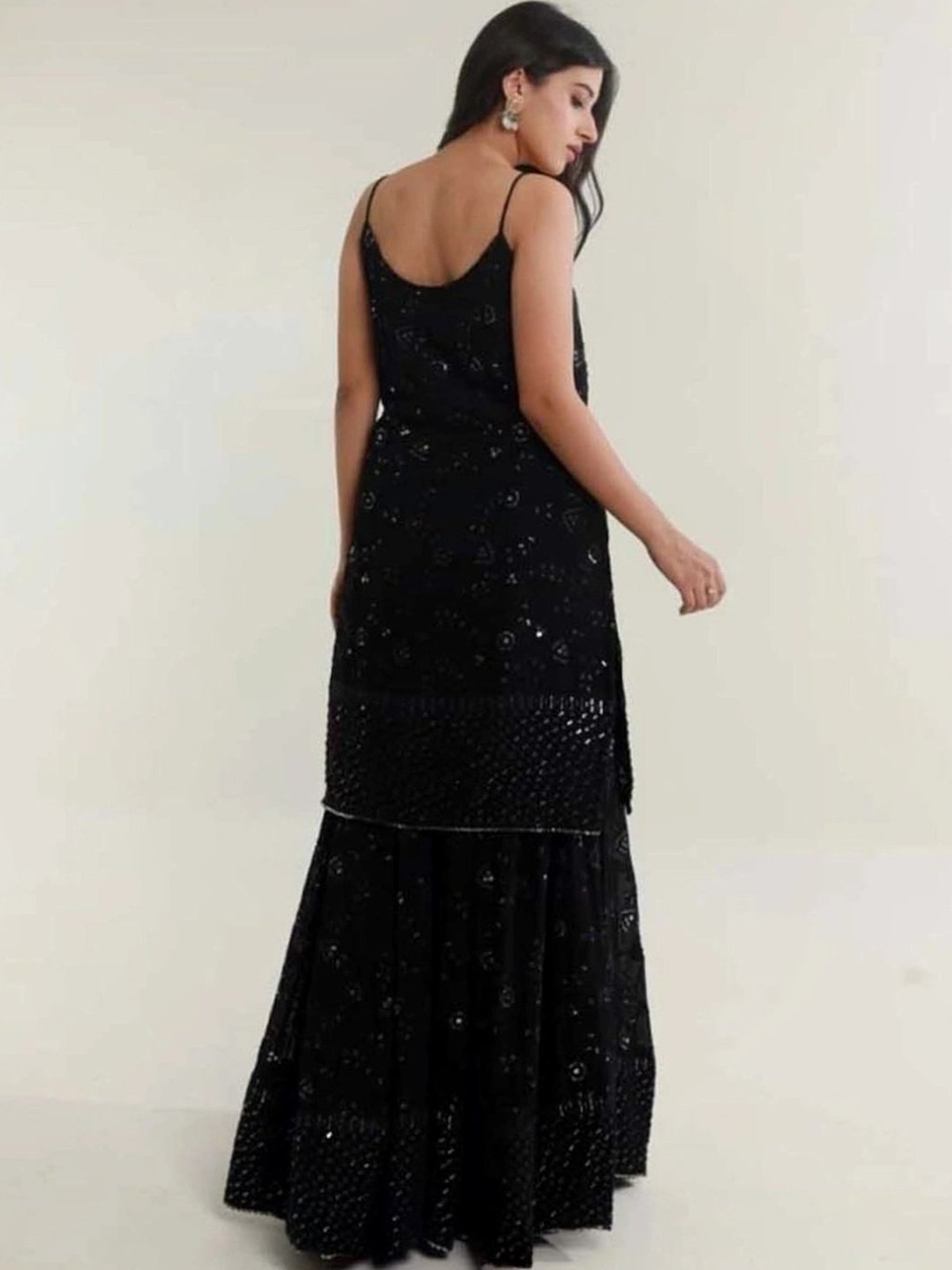 Asrumo Black Tara Mirror Work Chikankari Georgette Kurta with Sharara and Dupatta