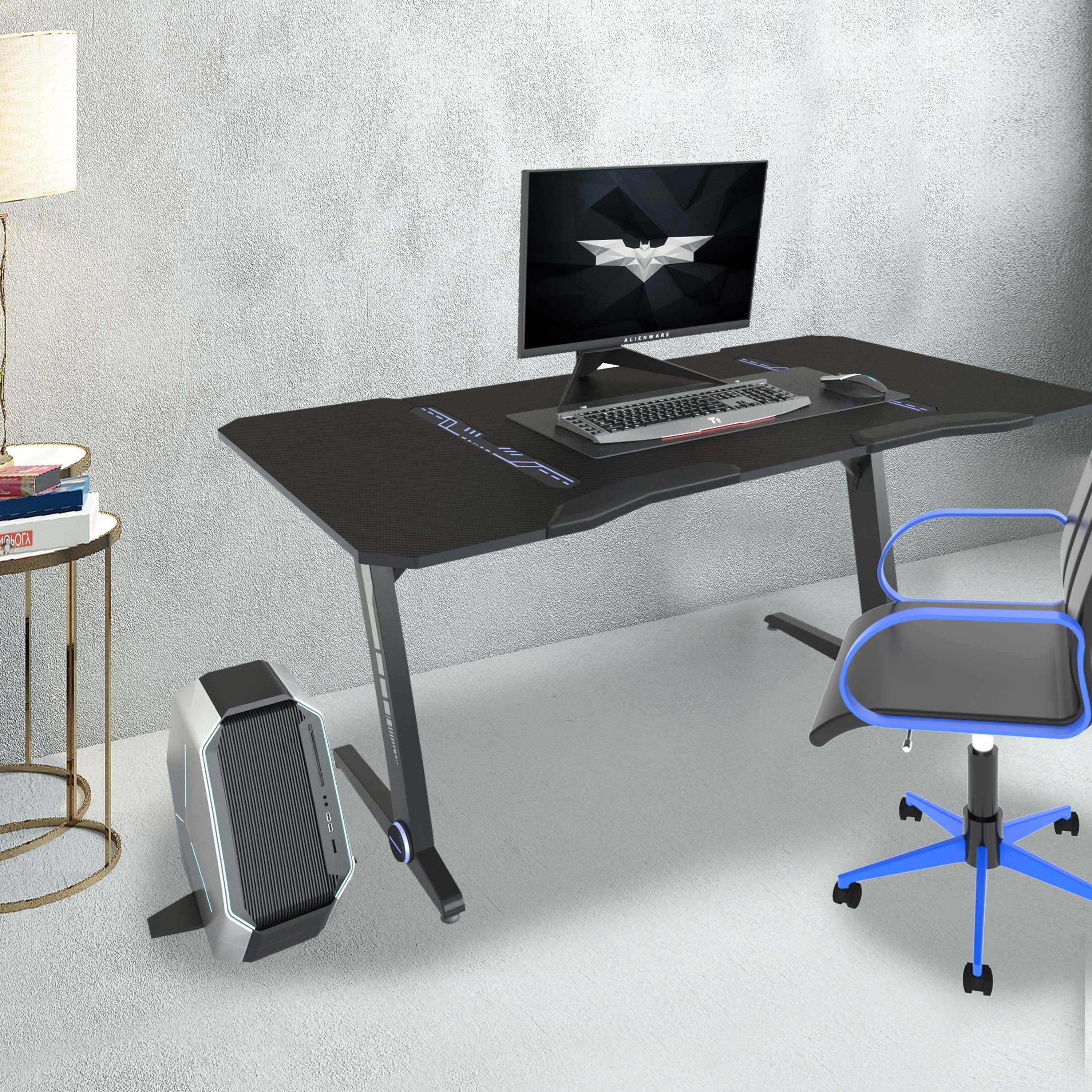 43.3'' Gaming Desk Z-Shaped Professional E-Sport Gamer Workstation Ergonomic PC Gaming Table Home Office Desk with LED Lights & Large Carbon Fiber Surface