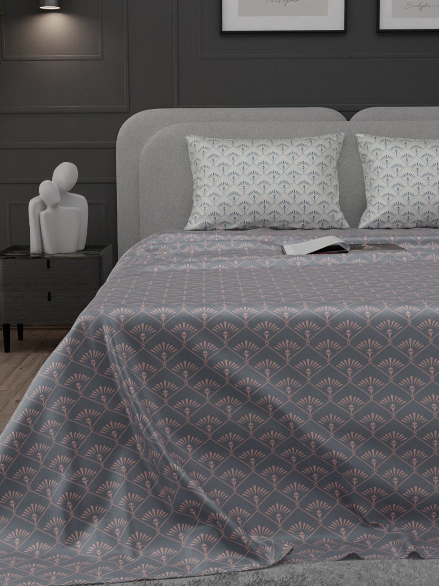 Stoa Paris Elegance Grey Polyester 300 TC Sateen King Size Bed Sheet With 2 Pillow Covers