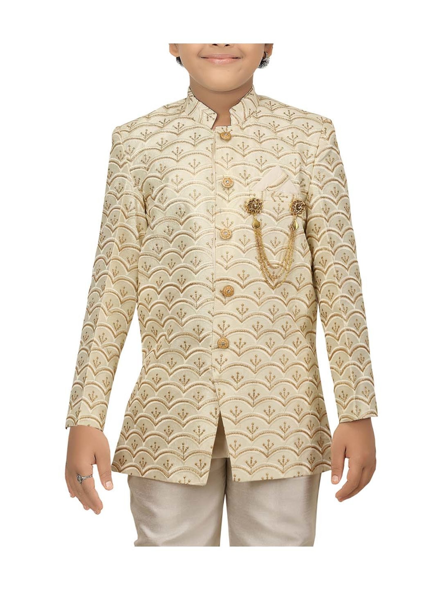 Ahhaaaa Kids Beige Cotton Embroidered Full Sleeves Kurta Set