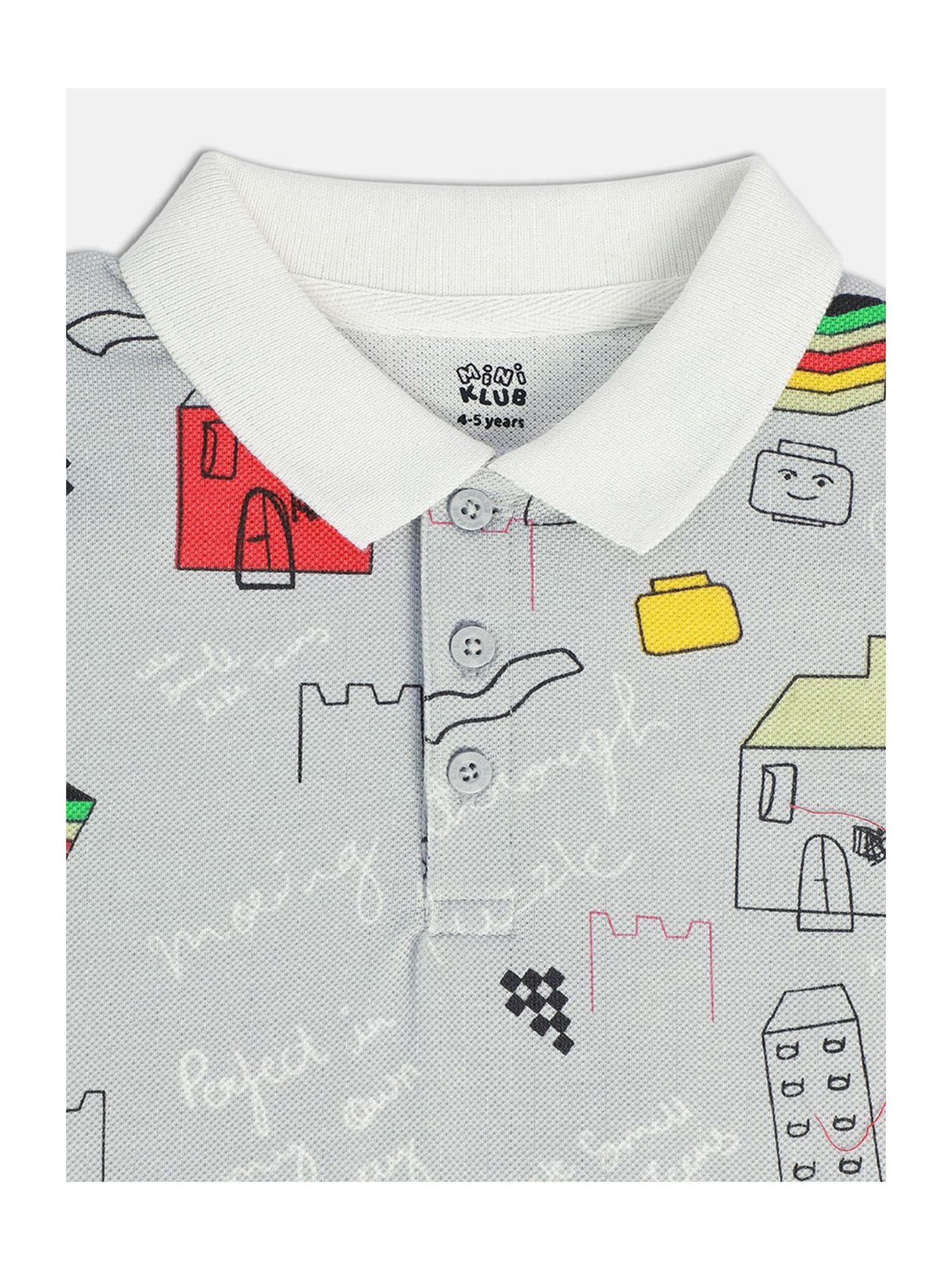 MINIKLUB Kids Grey Printed Full Sleeves Polo T-Shirt