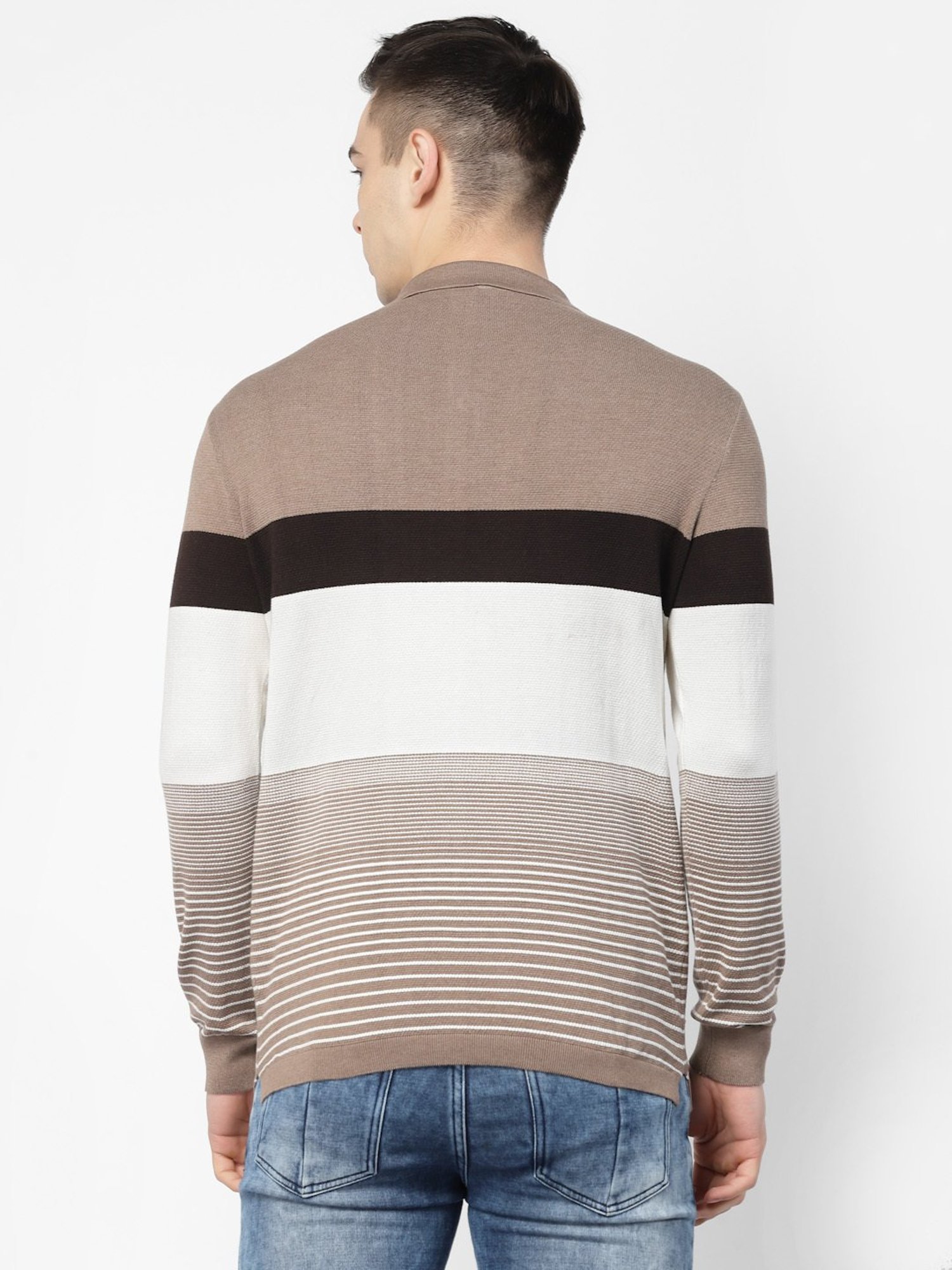 Kalt Brown & White Regular Fit Striped Polo T-Shirt