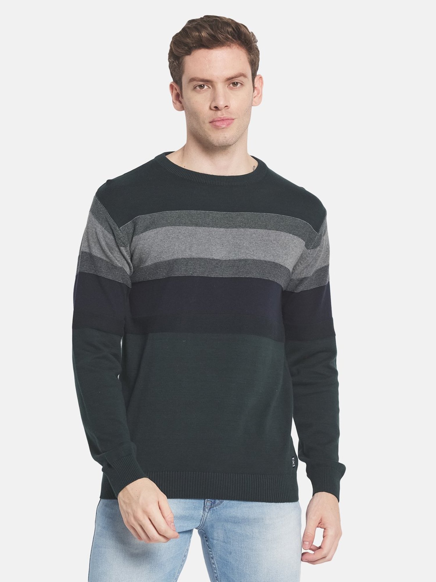 Mettle Green Cotton Regular Fit Striped Sweater