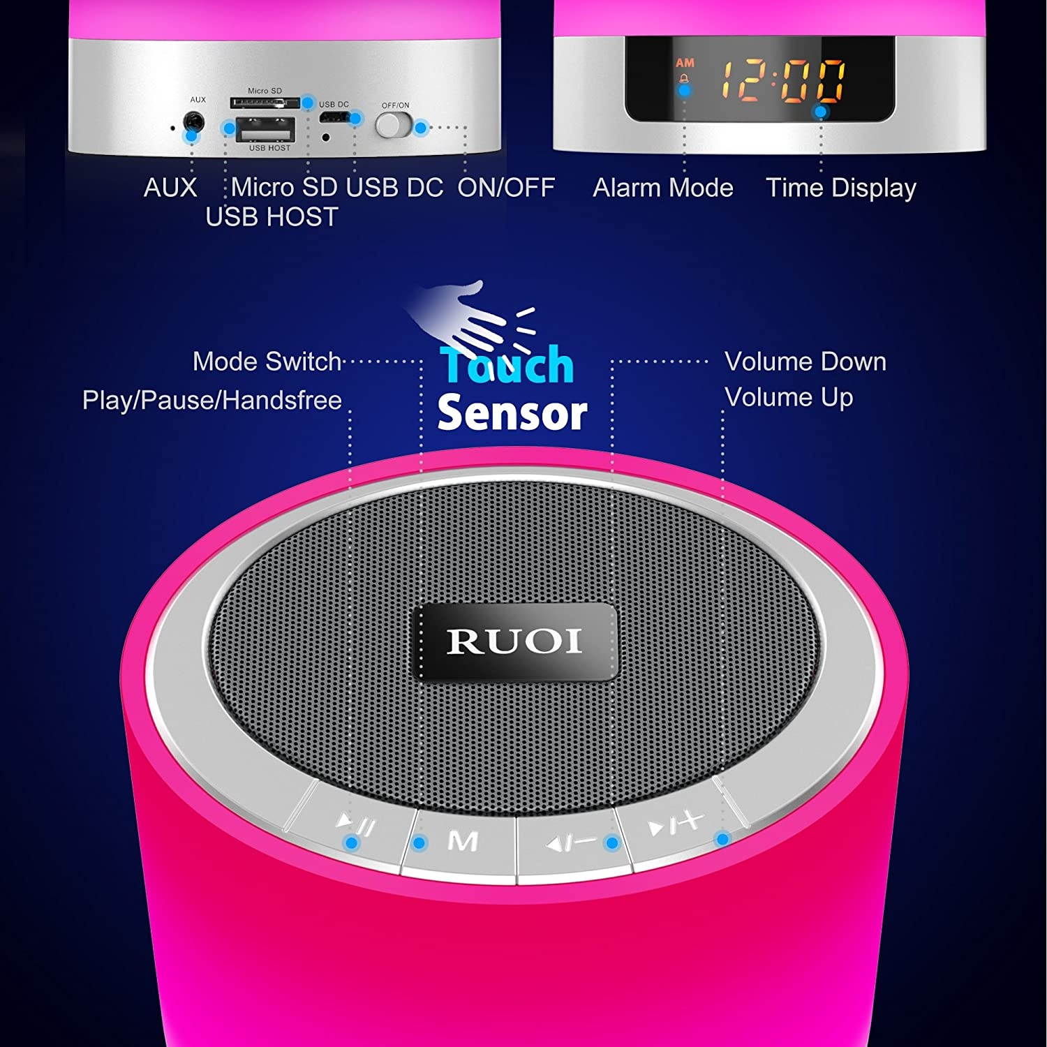 Night Lights Bluetooth Speaker, Ruoi Touch Sensor LED Bedside Lamp + Dimmable Warm Light & Color Changing, Wireless Speakers with Alarm Clock, MP3 Music Player, Best Gift for Kids, Party, Bedroom
