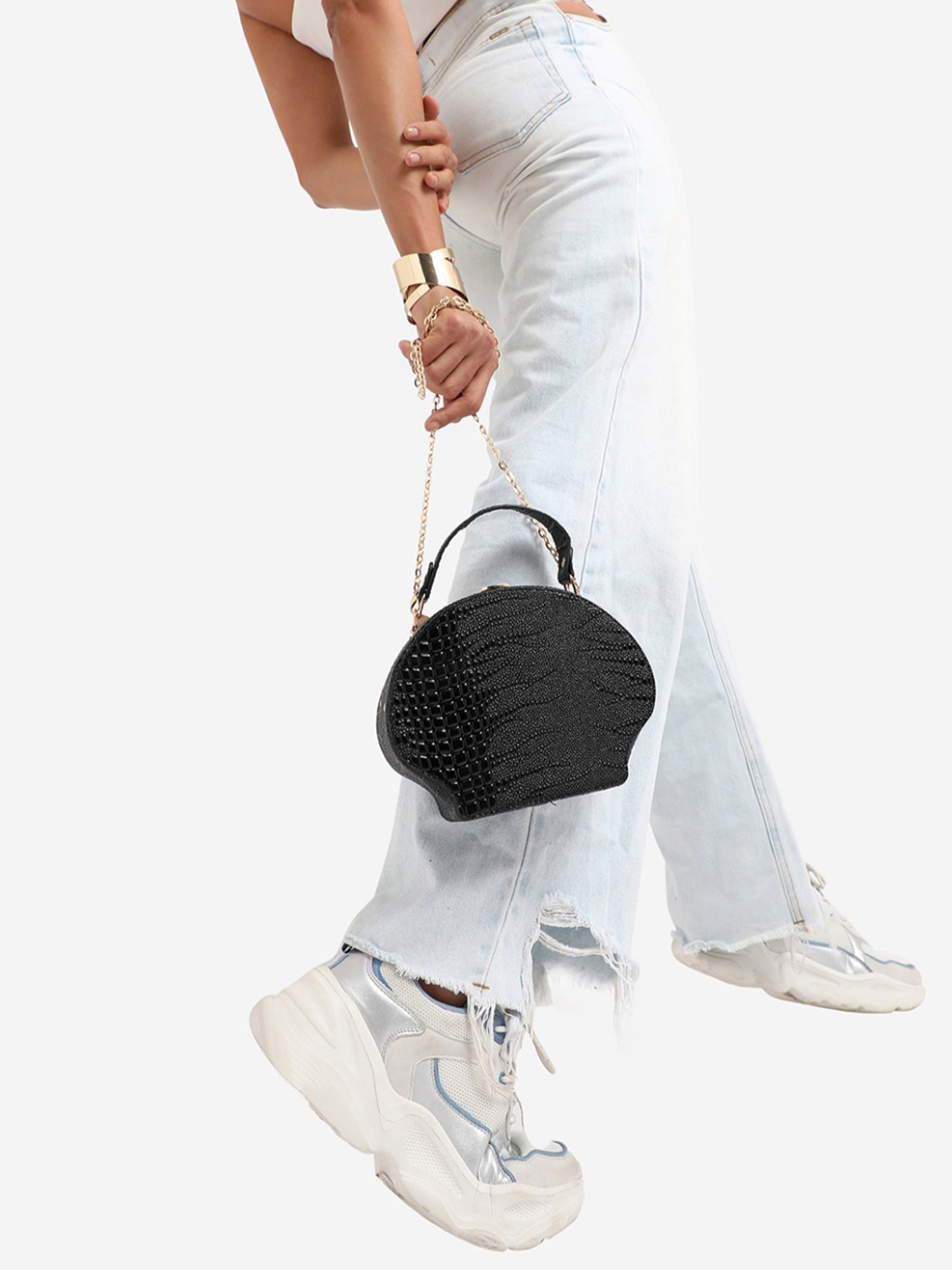 HauteSauce Black Croc Textured Medium Leather Handheld Handbag