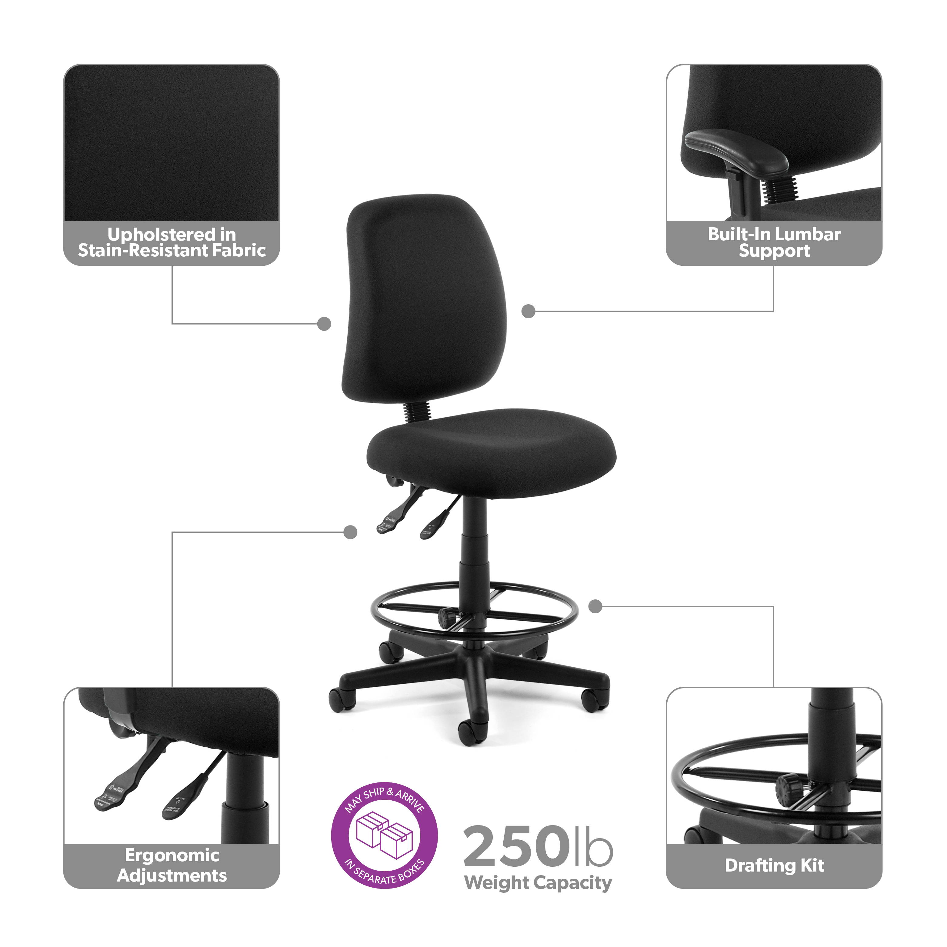OFM Posture Series Mid-Back Task Chair with Drafting Kit, in Black (118-2-DK-805)