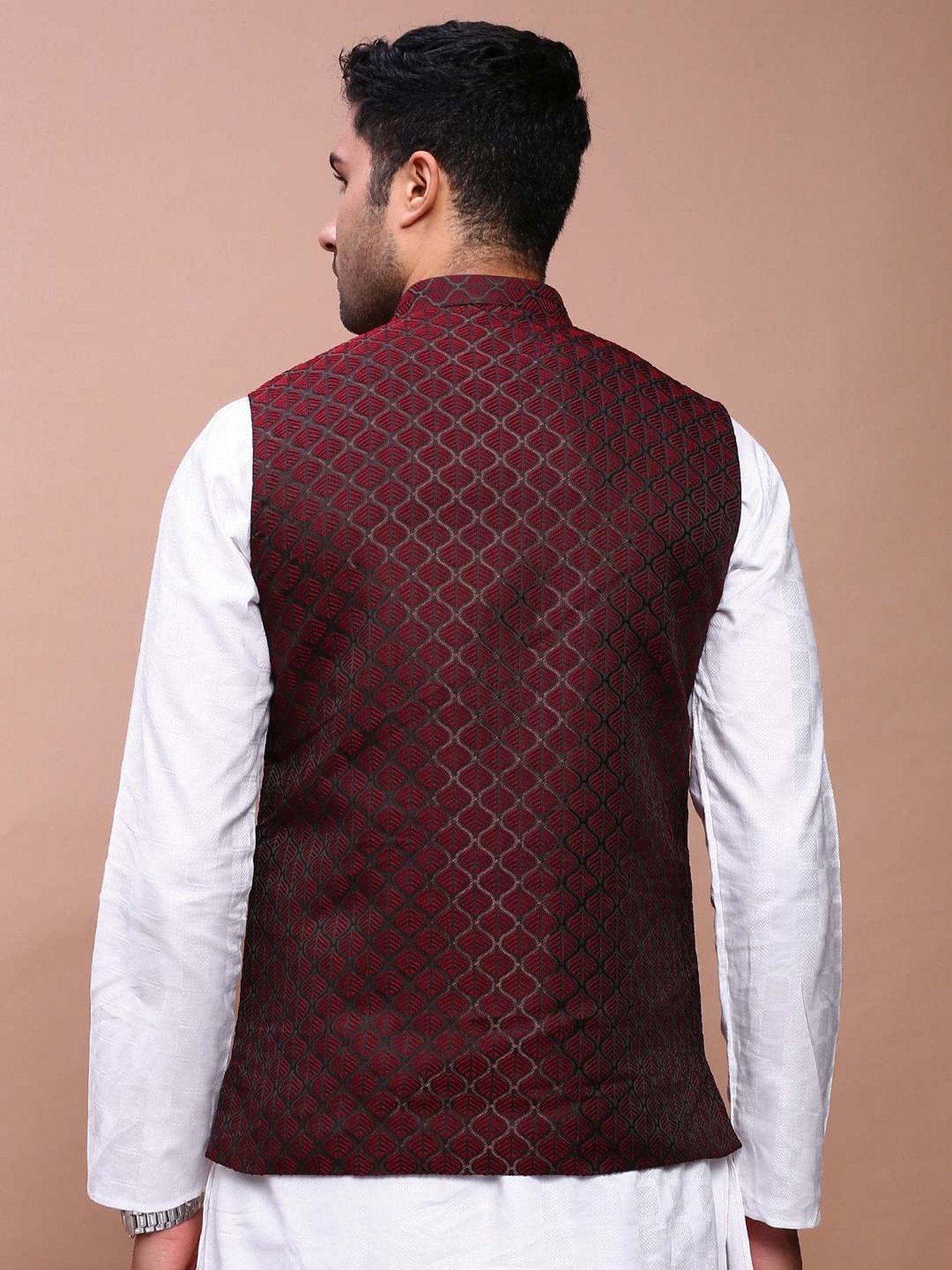 Showoff Maroon Cotton Slim Fit Self Pattern Nehru Jacket