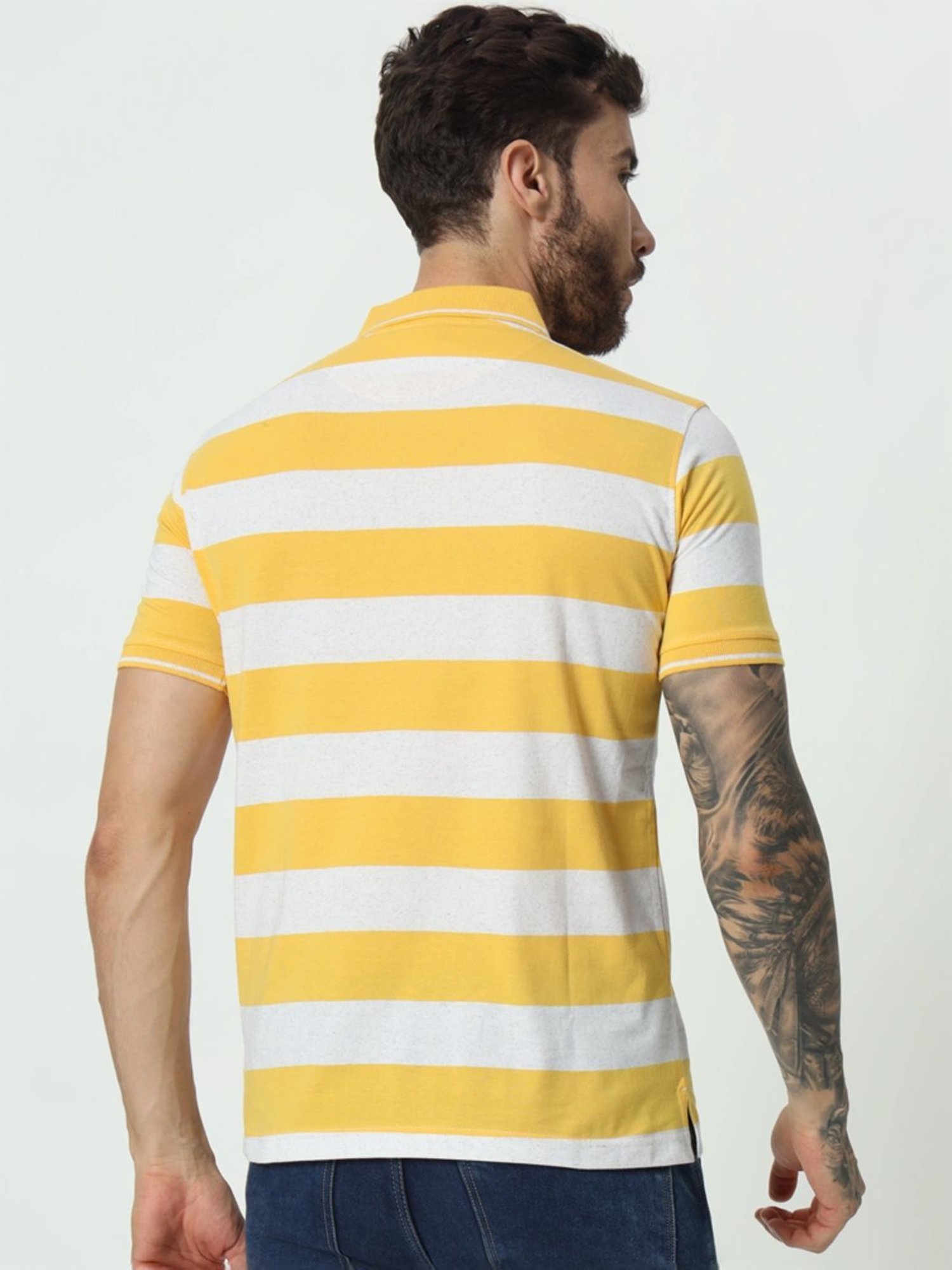 Tab91 Yellow Regular Fit Striped Polo T-Shirts