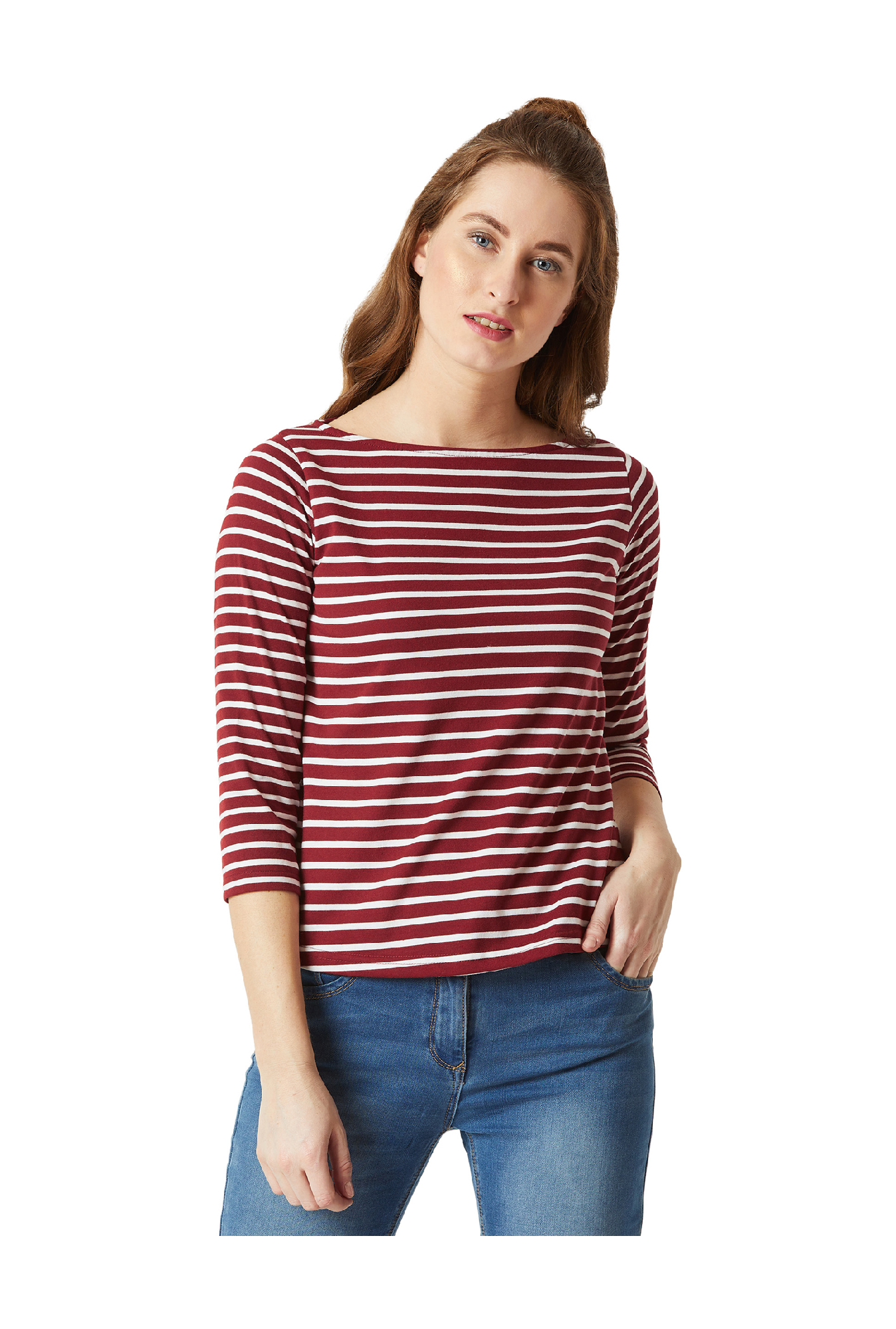 Miss Chase Maroon & White Striped Top