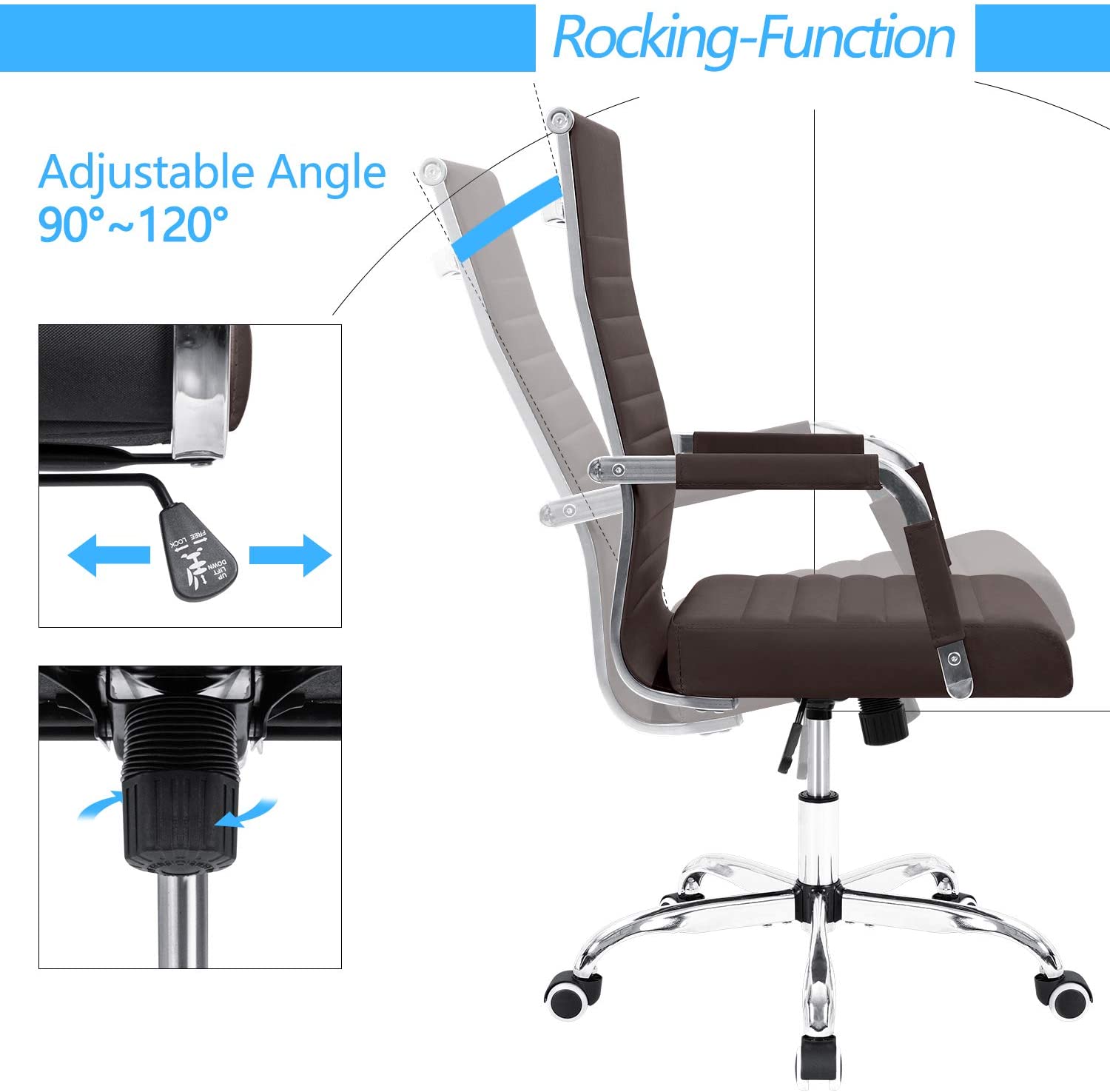 Furmax Ribbed Office Desk Chair Mid-Back PU Leather Executive Conference Task Chair Adjustable Swivel Chair with Arms (Brown)